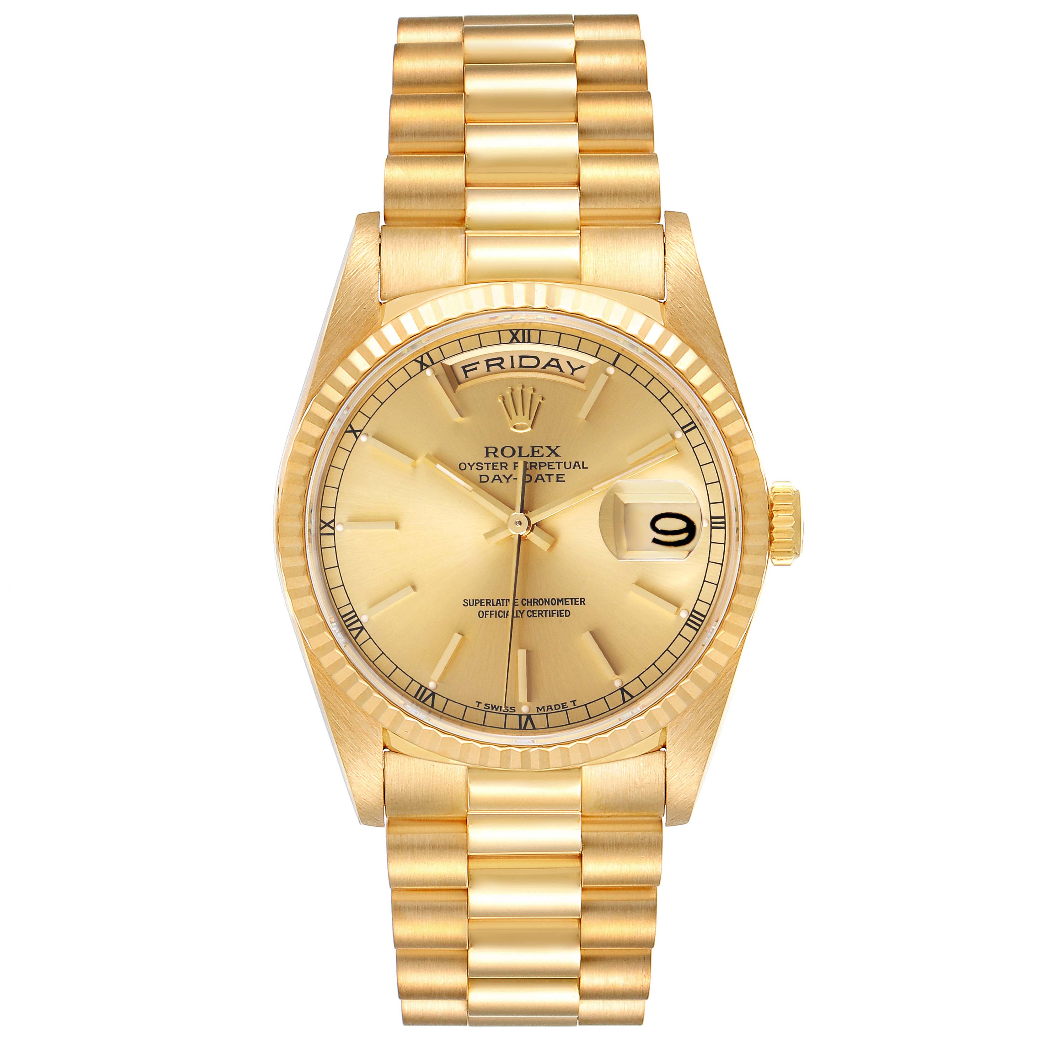 The image shows a front, top-down view of a Rolex President 18238 Men
s Yellow Gold Champagne Dial 18238 Men
s Yellow Gold Champagne Dial model watch, featuring its gold dial, bracelet, and day-date function.