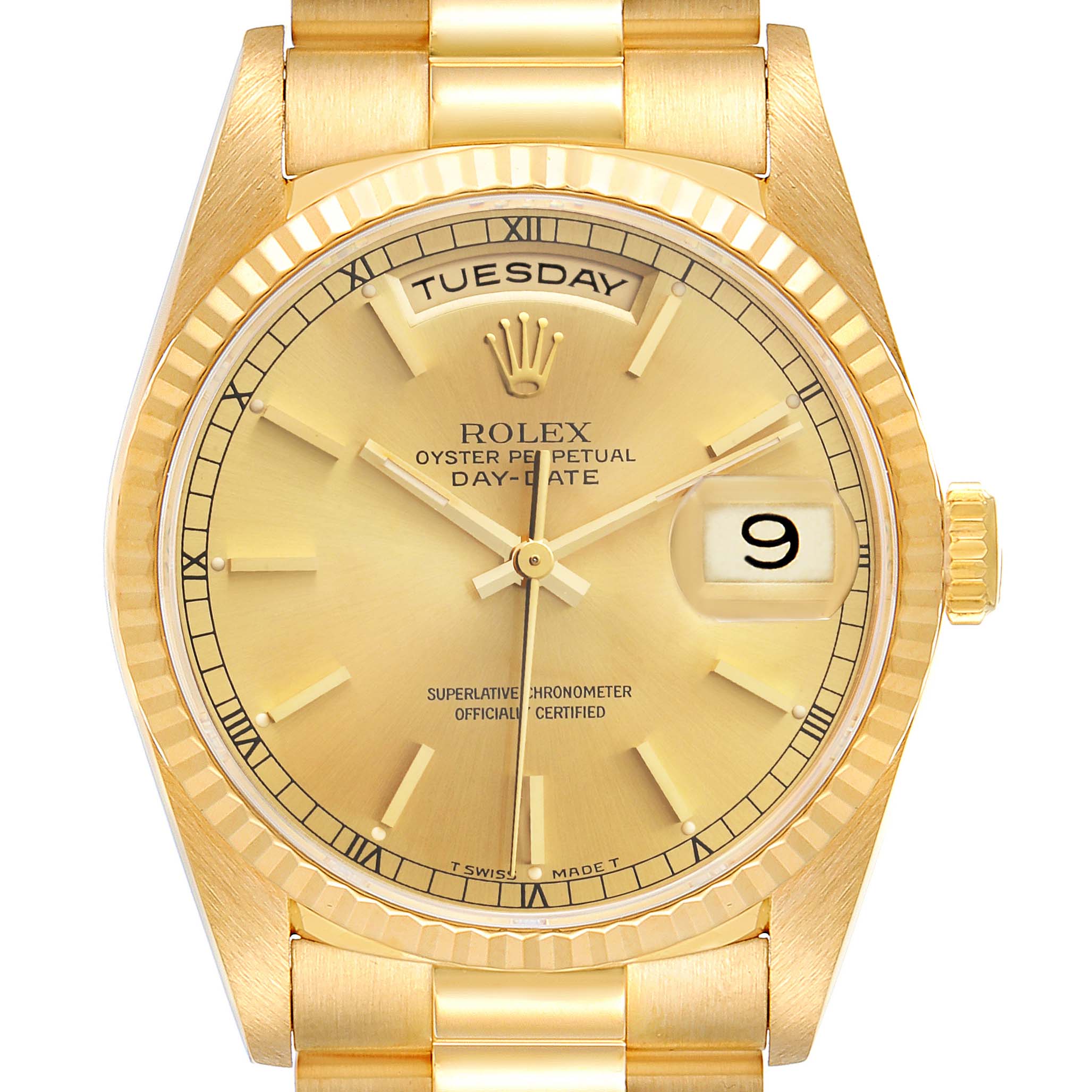 The image shows a front view of a Rolex President 18238 Men
s Yellow Gold Champagne Dial 18238 Men
s Yellow Gold Champagne Dial model, showcasing its gold dial, fluted bezel, and bracelet.