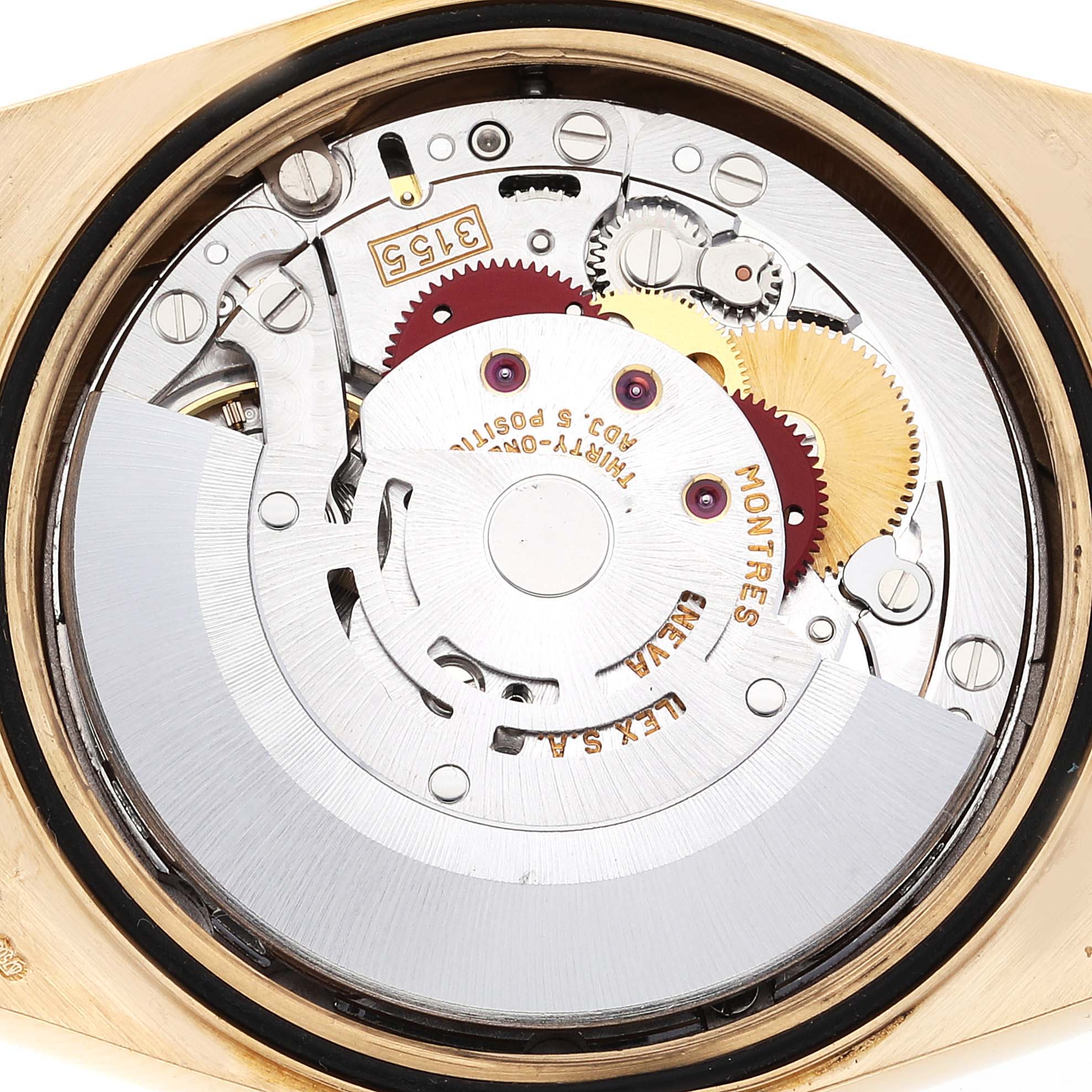 This image shows the internal mechanical movement of a Rolex President 18238 Men
s Yellow Gold Champagne Dial 18238 Men
s Yellow Gold Champagne Dial model watch from a back angle.