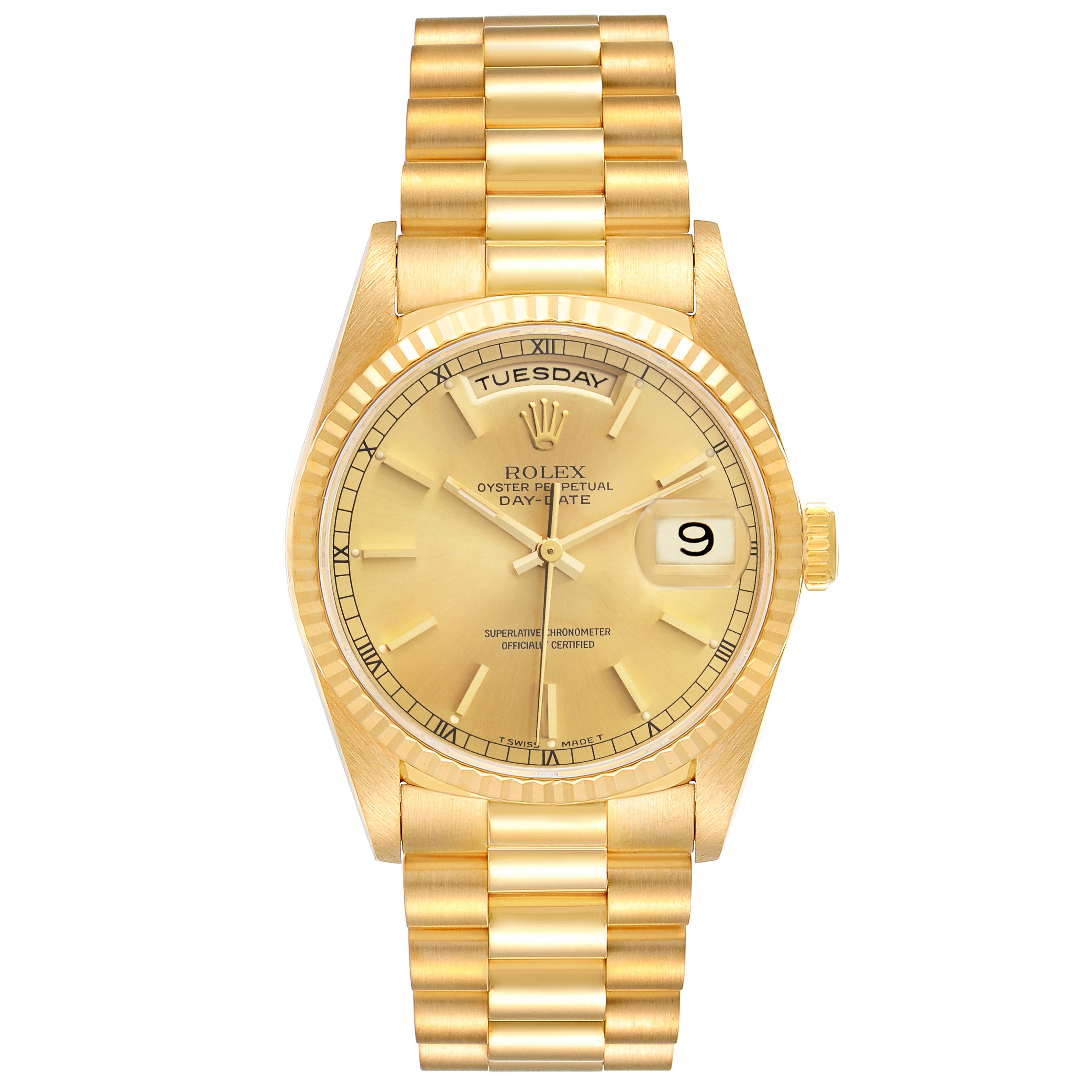 The Rolex President 18238 Men
s Yellow Gold Champagne Dial 18238 Men
s Yellow Gold Champagne Dial model watch is shown from the front, displaying its gold dial, day-date window, and bracelet.