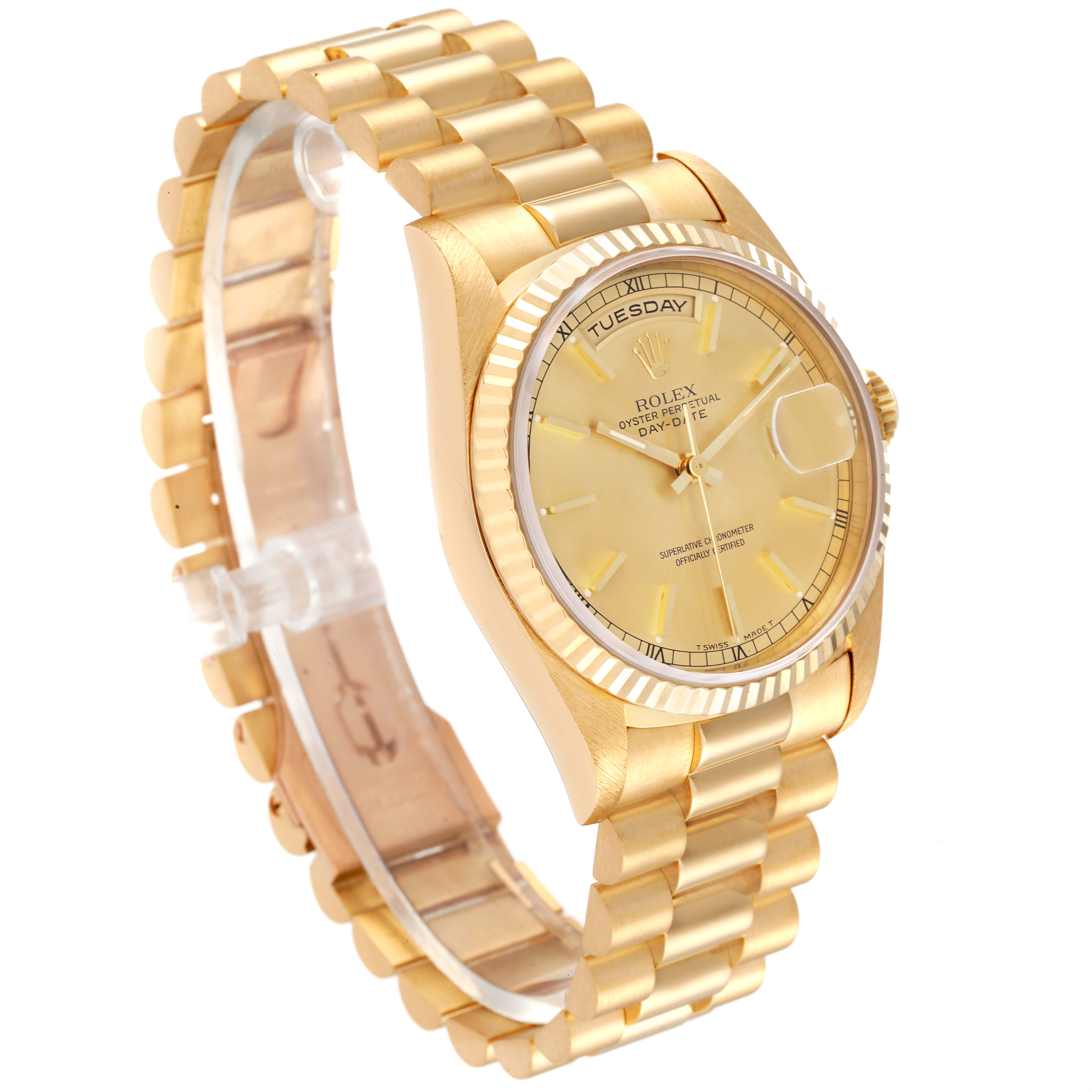 The image shows a Rolex President 18238 Men
s Yellow Gold Champagne Dial 18238 Men
s Yellow Gold Champagne Dial model watch, viewed from an angled side perspective, highlighting its gold bracelet and dial.
