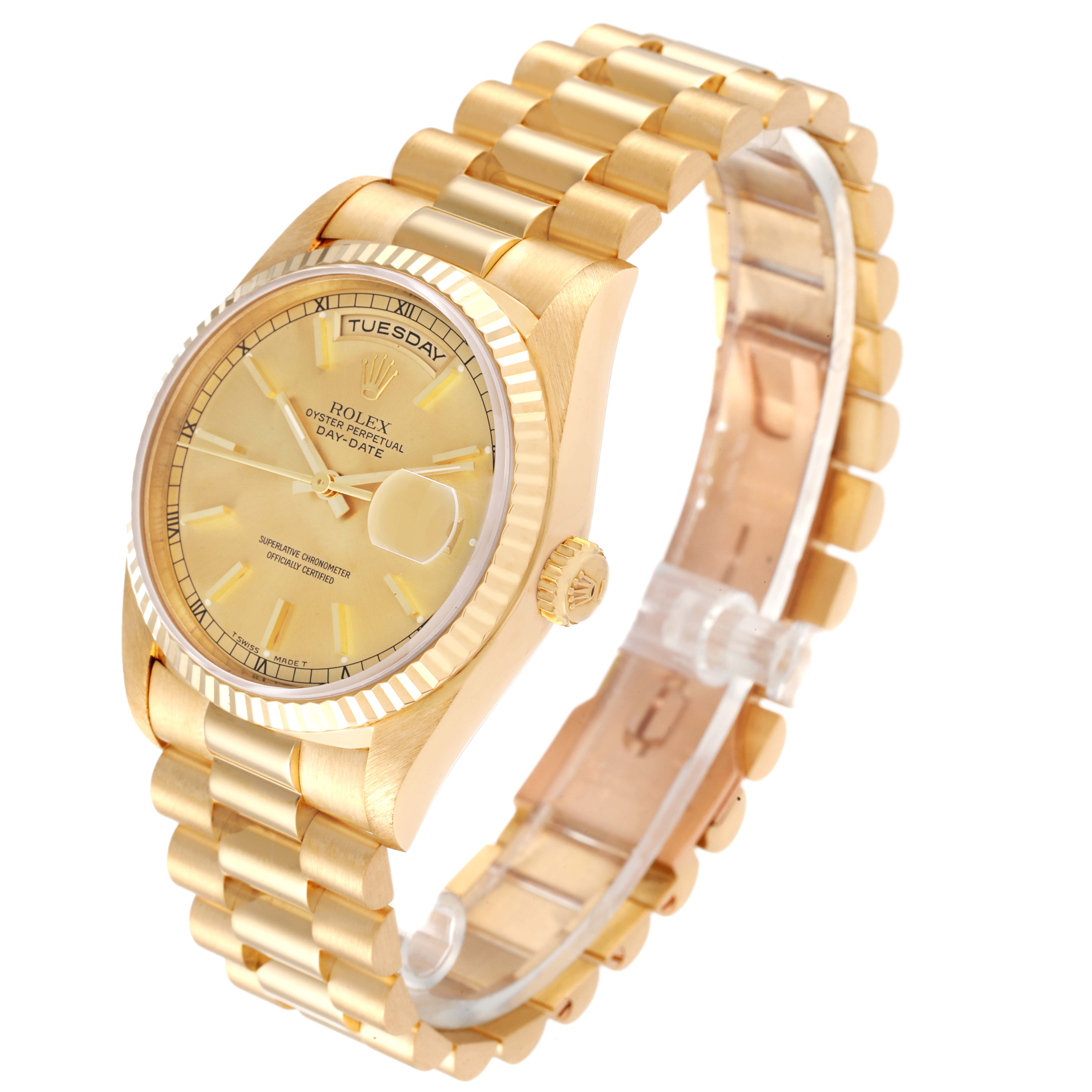 This Rolex President 18238 Men
s Yellow Gold Champagne Dial 18238 Men
s Yellow Gold Champagne Dial model watch is shown at a three-quarter angle, displaying the dial, bezel, crown, and bracelet.