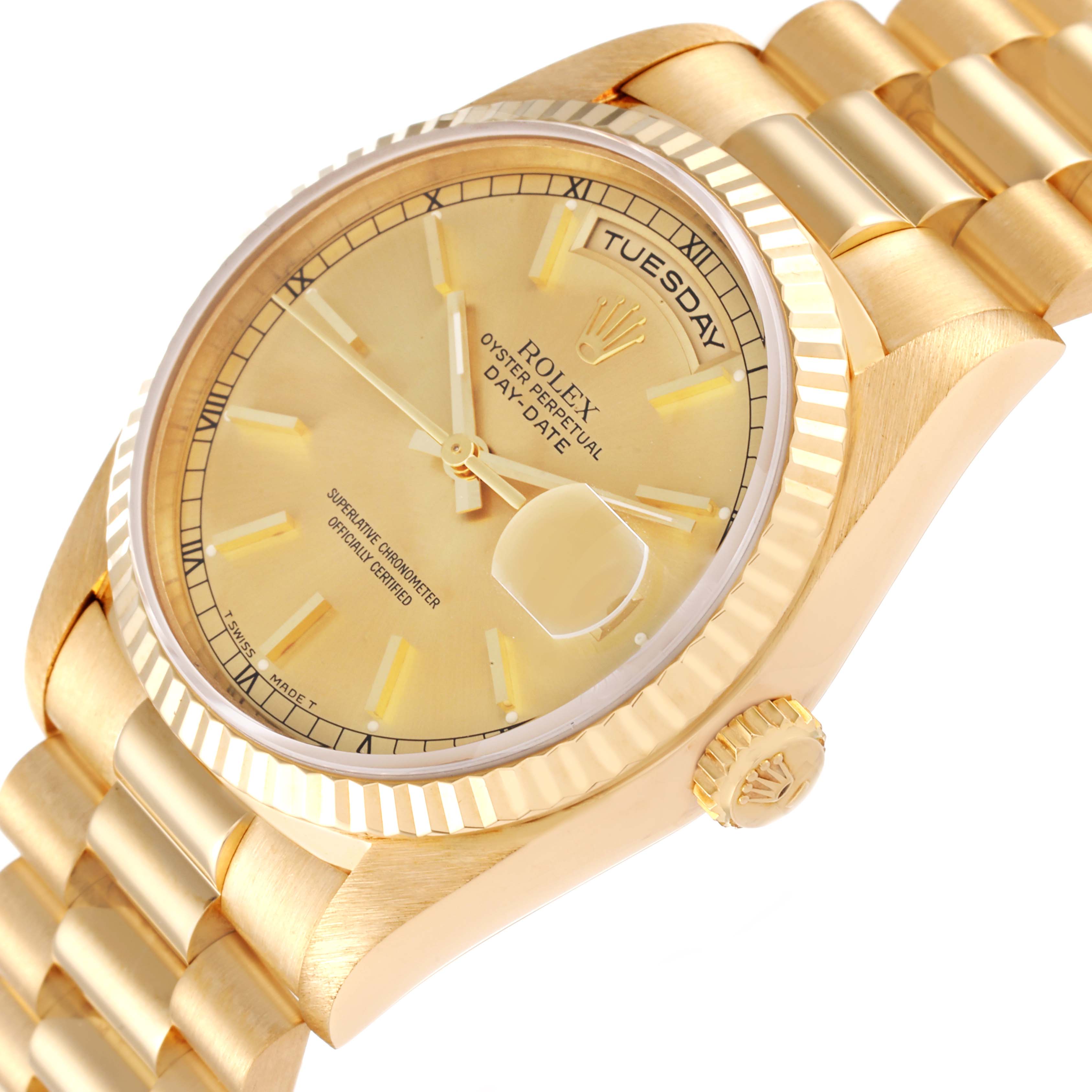 The image shows an angled close-up of the Rolex President 18238 Men
s Yellow Gold Champagne Dial 18238 Men
s Yellow Gold Champagne Dial model watch, focusing on the dial, bezel, crown, and part of the bracelet.