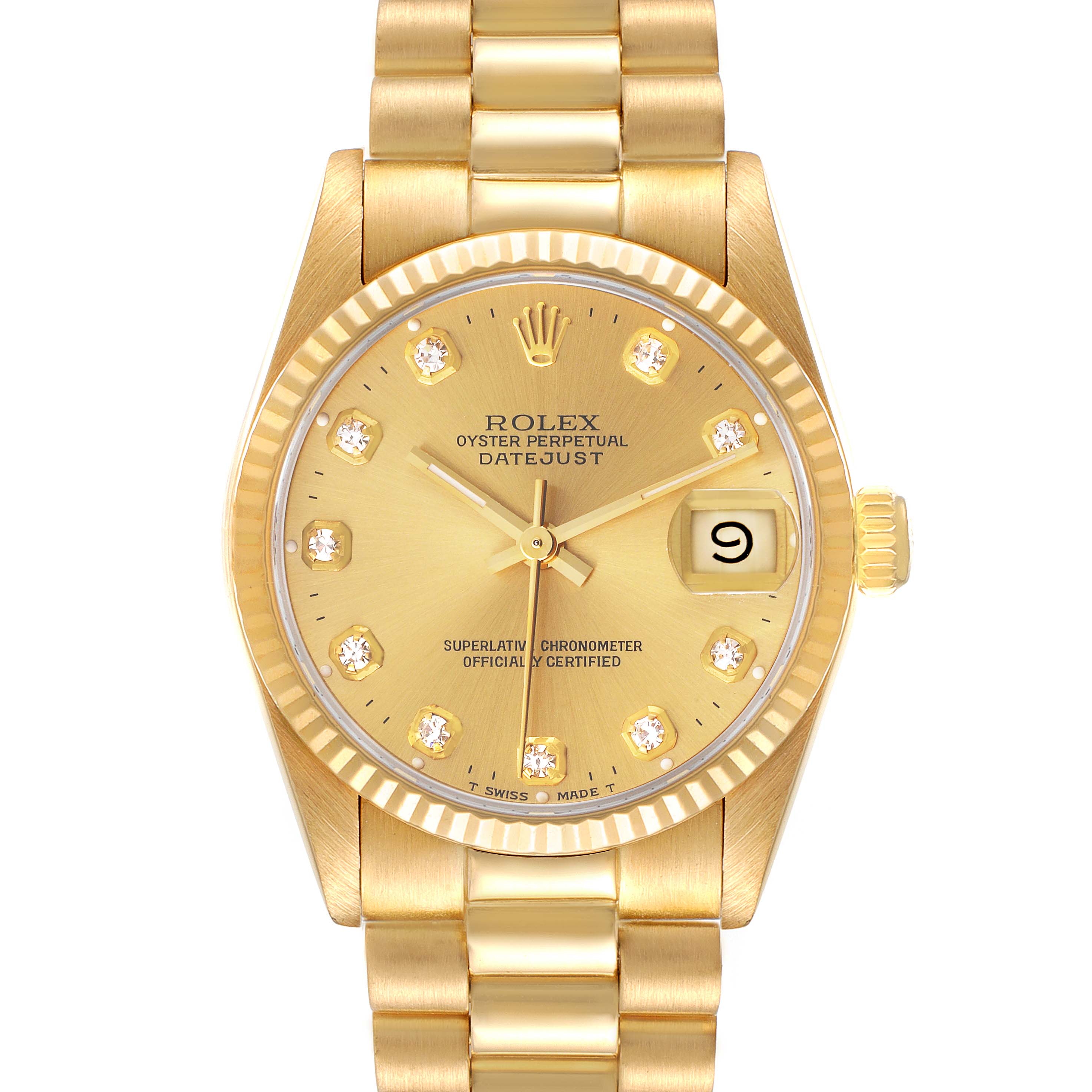 The image shows the front view of a Rolex President 68278 Women
s Yellow Gold Champagne Dial 68278 Women
s Yellow Gold Champagne Dial Datejust watch, highlighting the dial, bezel, crown, and part of the bracelet.