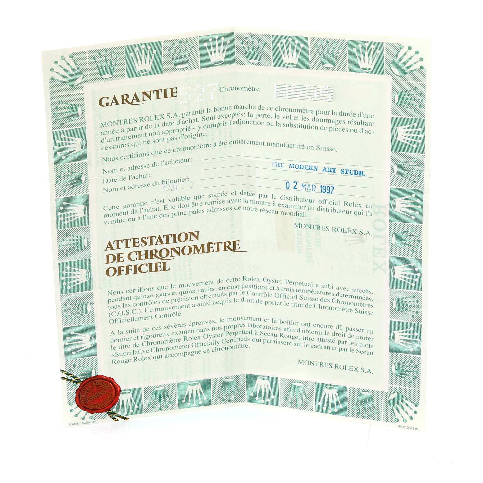 This image shows the warranty certificate for the Rolex President 68278 Women
s Yellow Gold Champagne Dial 68278 Women
s Yellow Gold Champagne Dial model watch, displayed fully opened.