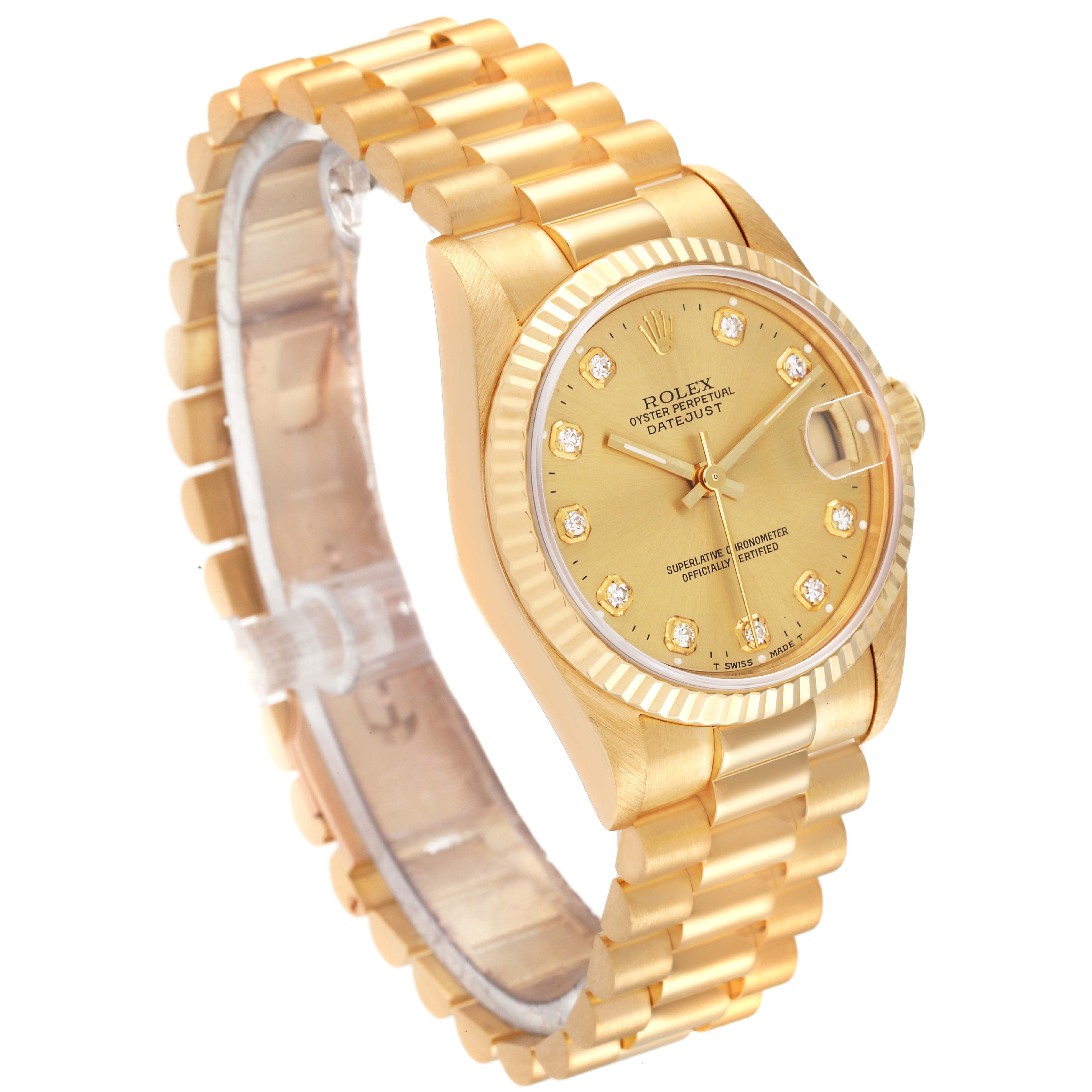 The image shows a Rolex President 68278 Women
s Yellow Gold Champagne Dial 68278 Women
s Yellow Gold Champagne Dial model watch at a three-quarter angle, highlighting its gold band, fluted bezel, and diamond hour markers.