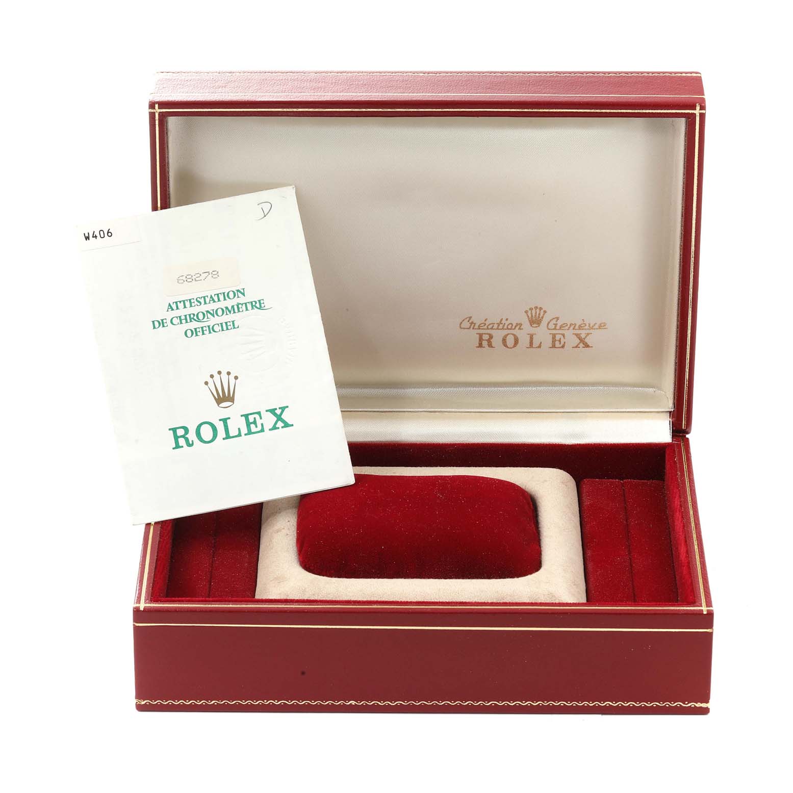 The image shows an open Rolex President 68278 Women
s Yellow Gold Champagne Dial 68278 Women
s Yellow Gold Champagne Dial model box with a red interior and a Rolex certificate/booklet placed inside.