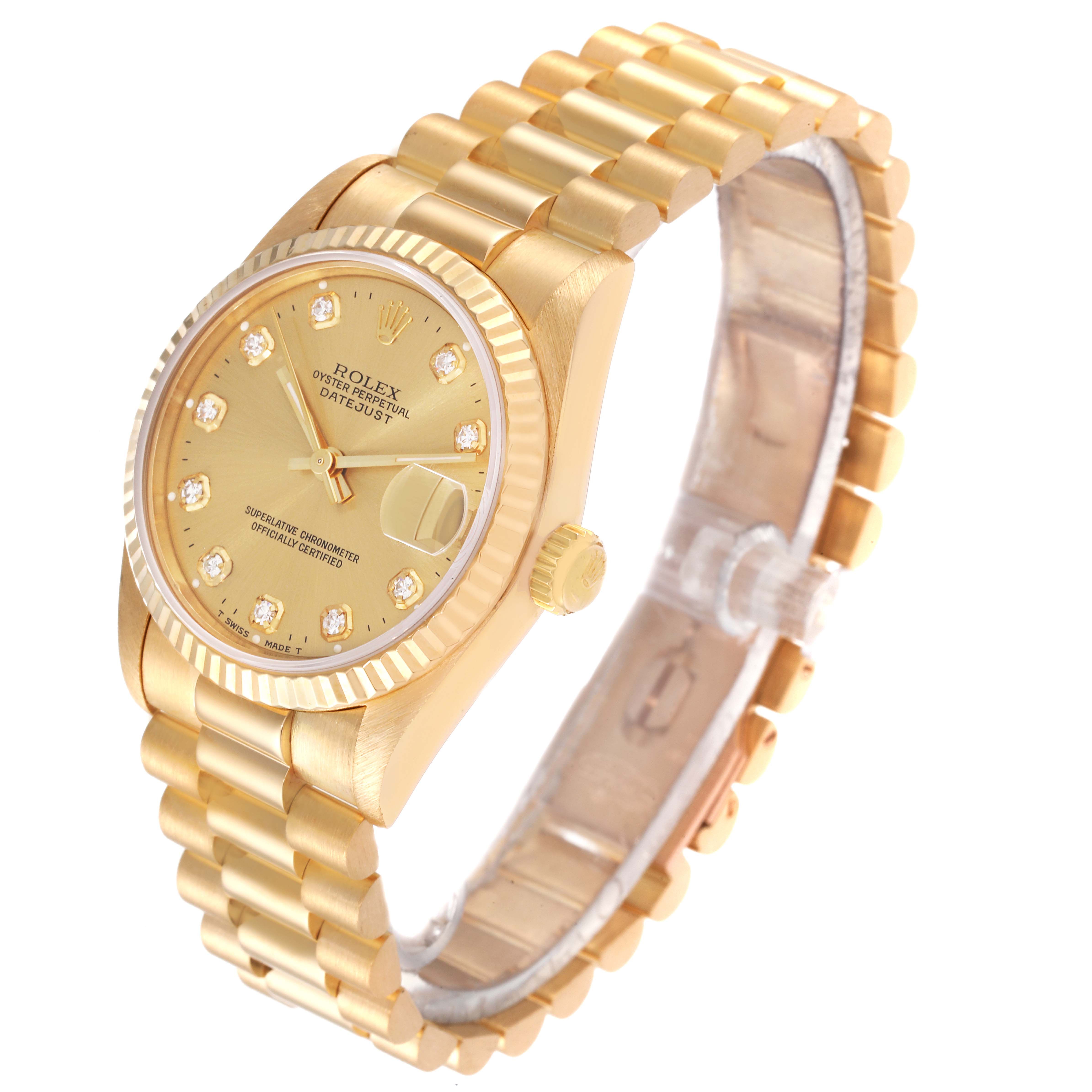 This image shows a Rolex President 68278 Women
s Yellow Gold Champagne Dial 68278 Women
s Yellow Gold Champagne Dial model watch at a three-quarter angle, highlighting the dial, bezel, and bracelet.