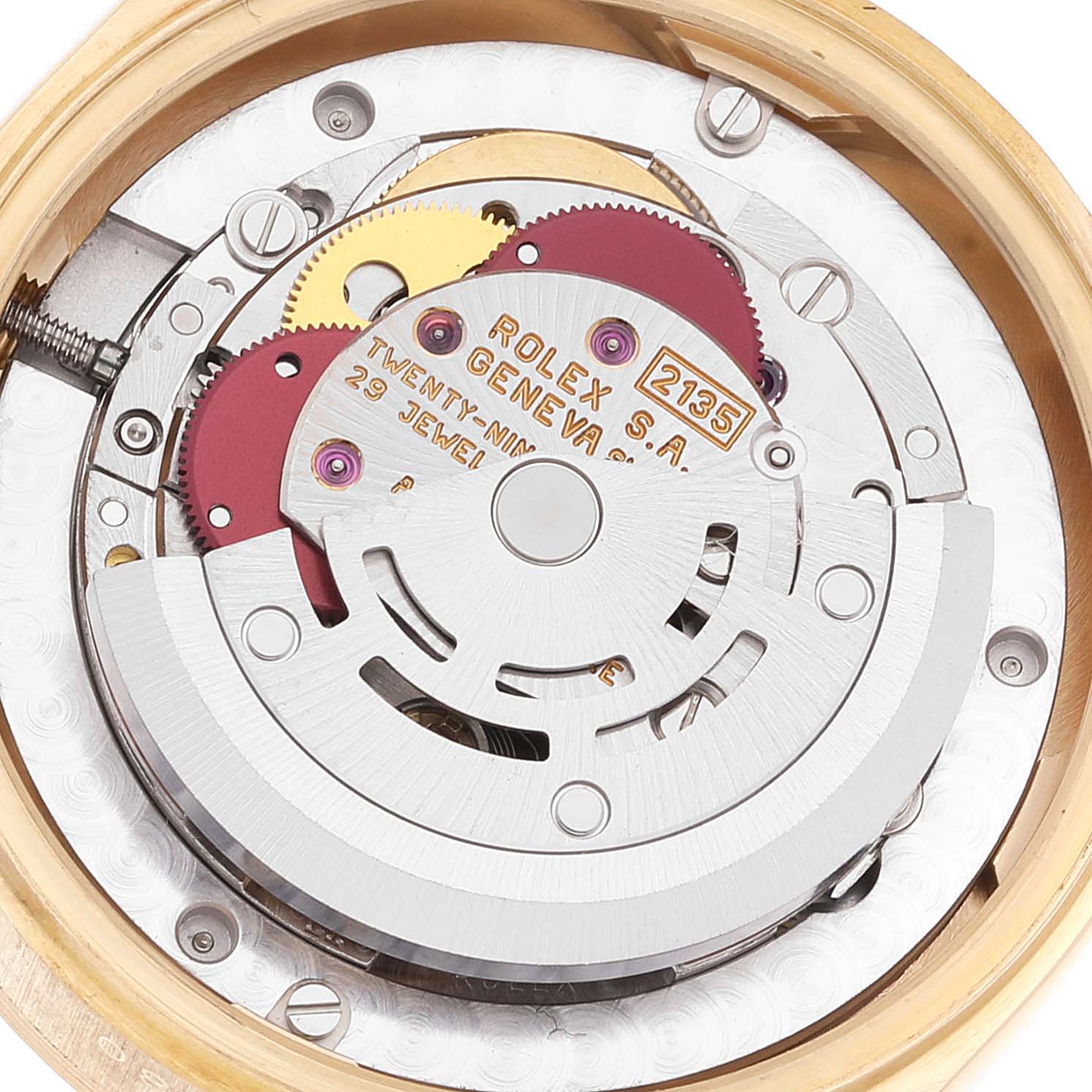 The image shows the internal mechanism, or movement, of a Rolex President 68278 Women
s Yellow Gold Champagne Dial 68278 Women
s Yellow Gold Champagne Dial model watch, viewed from the back.