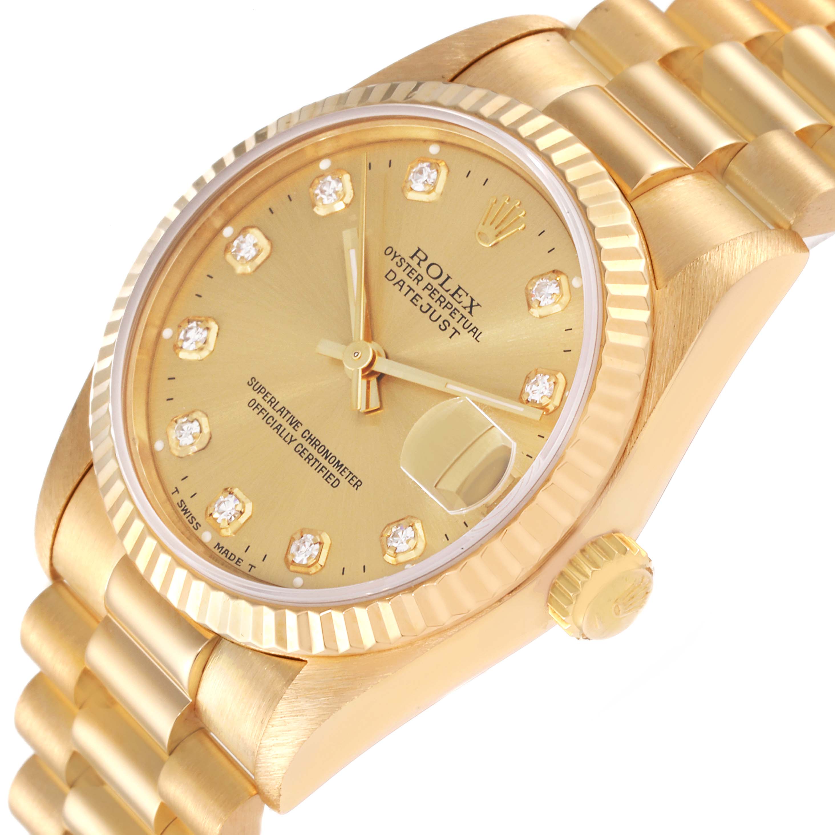 The image shows a side and front angle of a Rolex President 68278 Women
s Yellow Gold Champagne Dial 68278 Women
s Yellow Gold Champagne Dial model watch, highlighting the dial, bezel, crown, and bracelet.