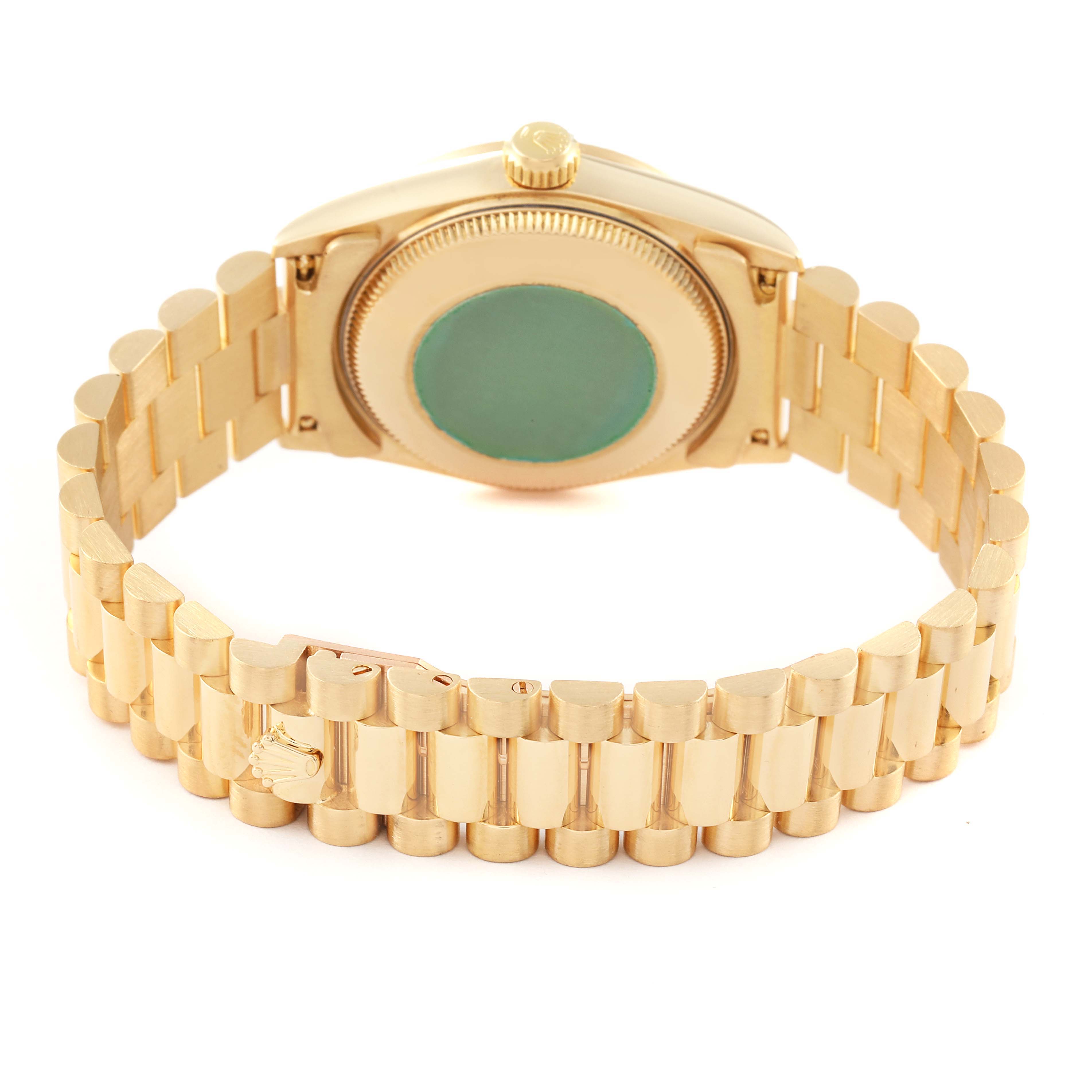 The image shows the back case and bracelet of a Rolex President 68278 Women
s Yellow Gold Champagne Dial 68278 Women
s Yellow Gold Champagne Dial watch, viewed from the rear.