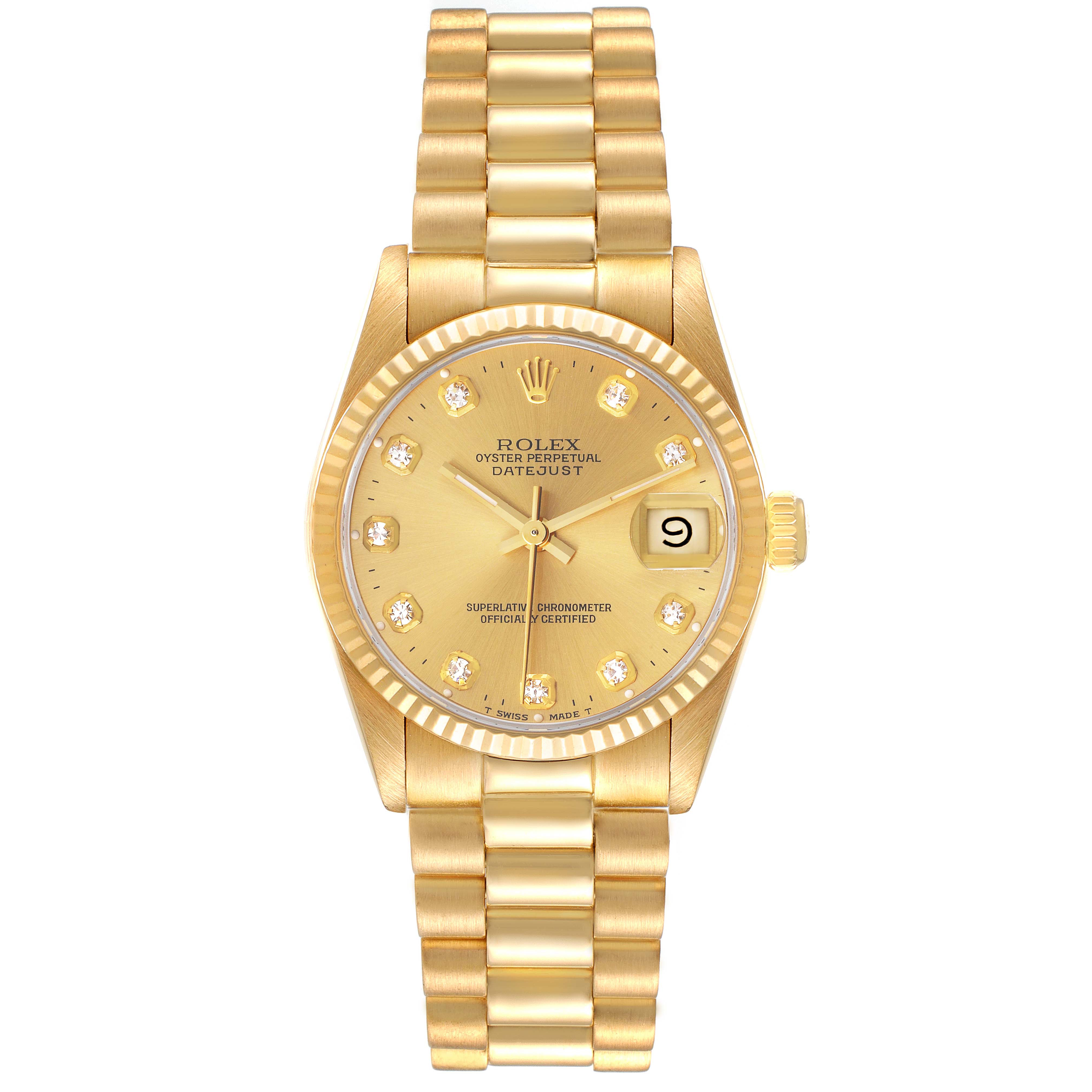 The image shows a Rolex President 68278 Women
s Yellow Gold Champagne Dial 68278 Women
s Yellow Gold Champagne Dial model watch from a front angle, featuring its dial, bracelet, and crown.