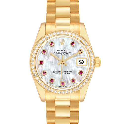 The Rolex President 178288 Women's Yellow Gold Mother of Pearl Dial model is shown from the front, highlighting its gold bracelet, diamond bezel, and mother-of-pearl dial with date.