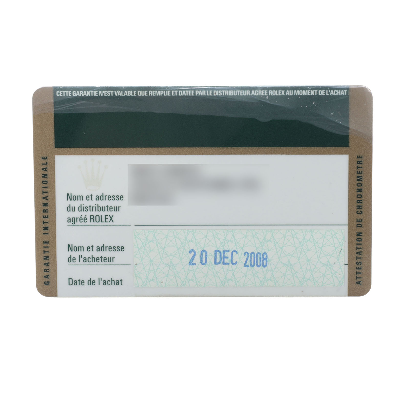 The image shows a warranty card for the Rolex President 178288 Women's Yellow Gold Mother of Pearl Dial model, displaying purchase and distributor details.