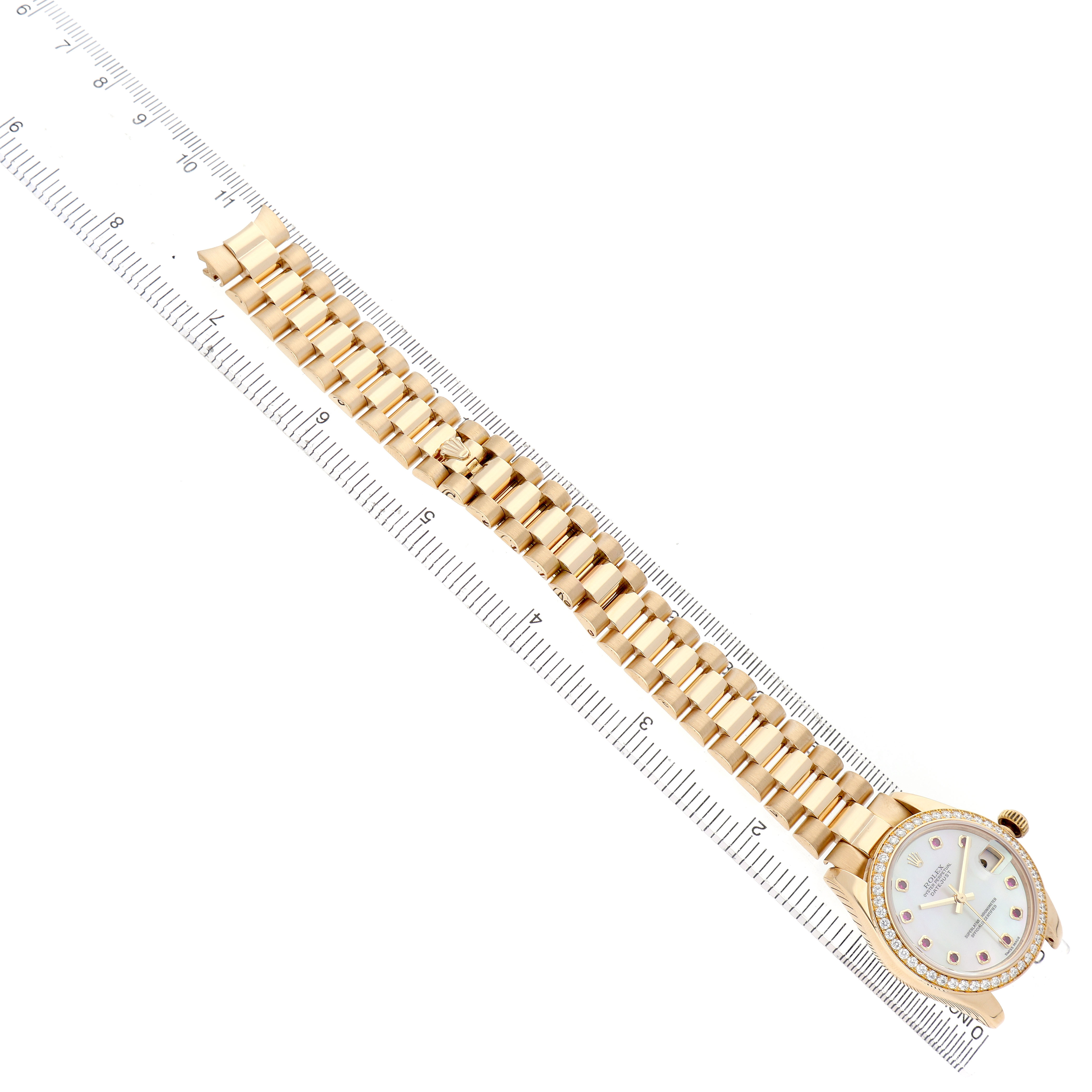 The Rolex President 178288 Women's Yellow Gold Mother of Pearl Dial watch is shown diagonally from the top view, featuring its full bracelet and face.