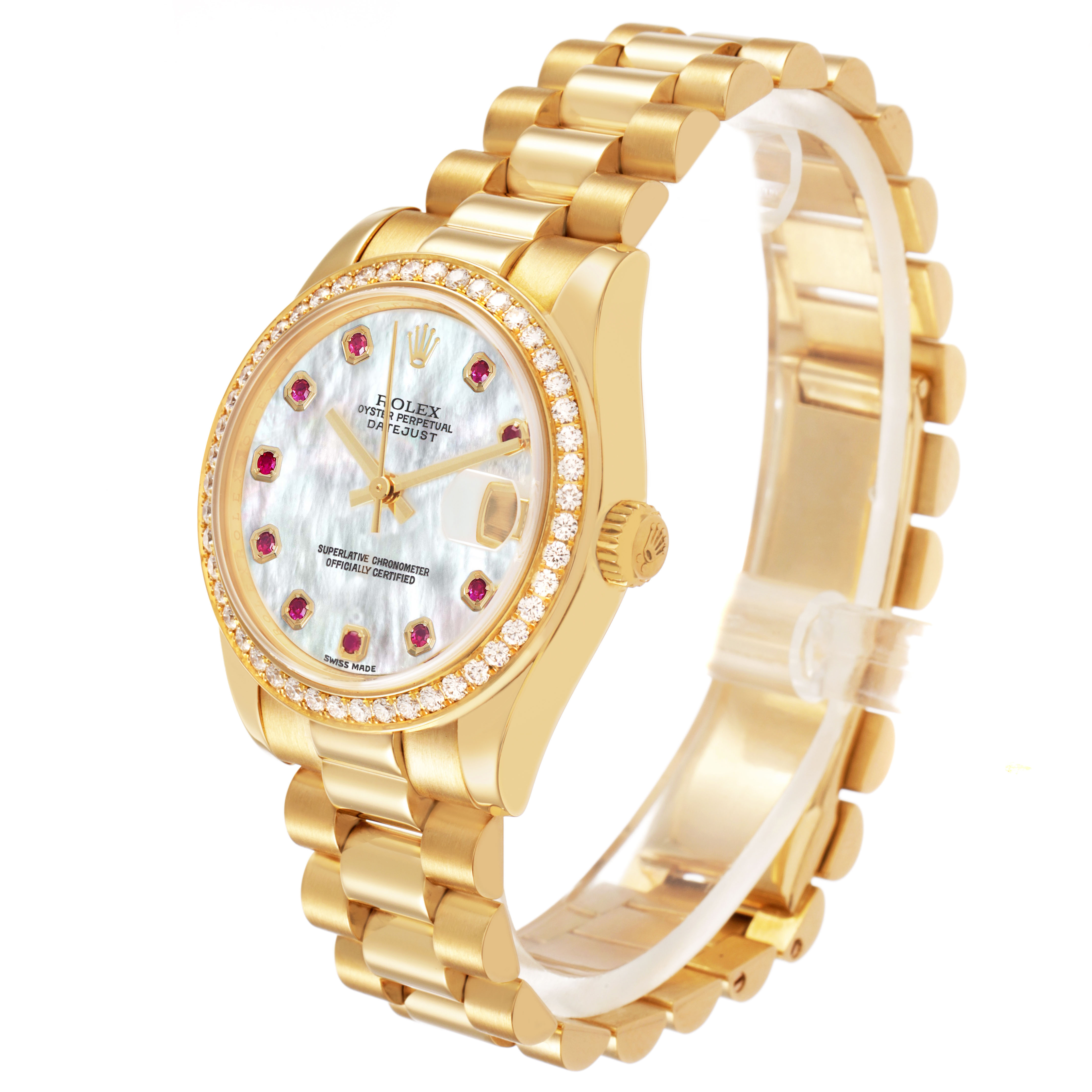 The Rolex President 178288 Women's Yellow Gold Mother of Pearl Dial model watch is shown at a slight angle, highlighting the face, bezel, and bracelet.
