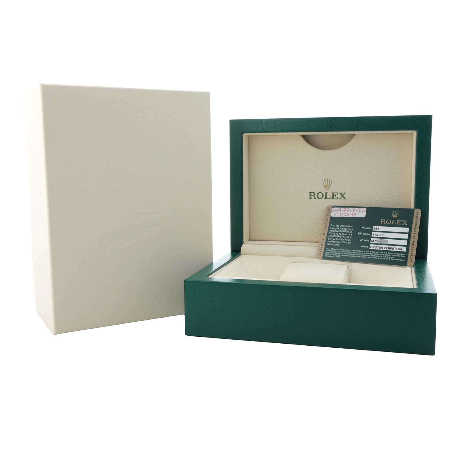 The image shows a Rolex President 178288 Women's Yellow Gold Mother of Pearl Dial model watch box, warranty card, and outer packaging from an angle showcasing the open box interior.