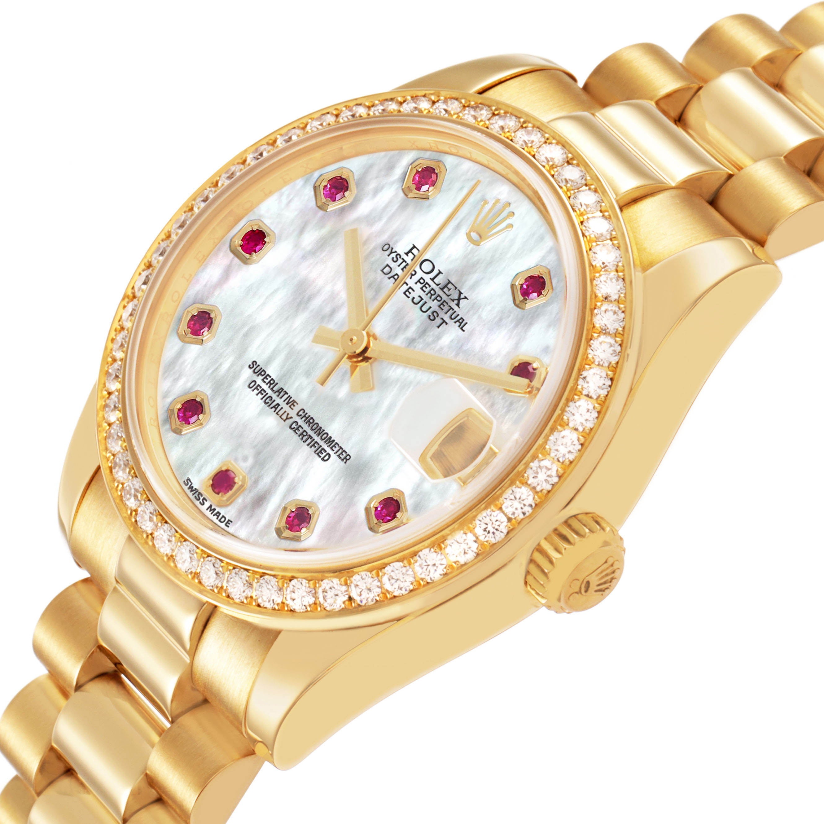 The Rolex President 178288 Women's Yellow Gold Mother of Pearl Dial model watch is shown at a slight angle, highlighting the dial, bezel, and part of the bracelet.