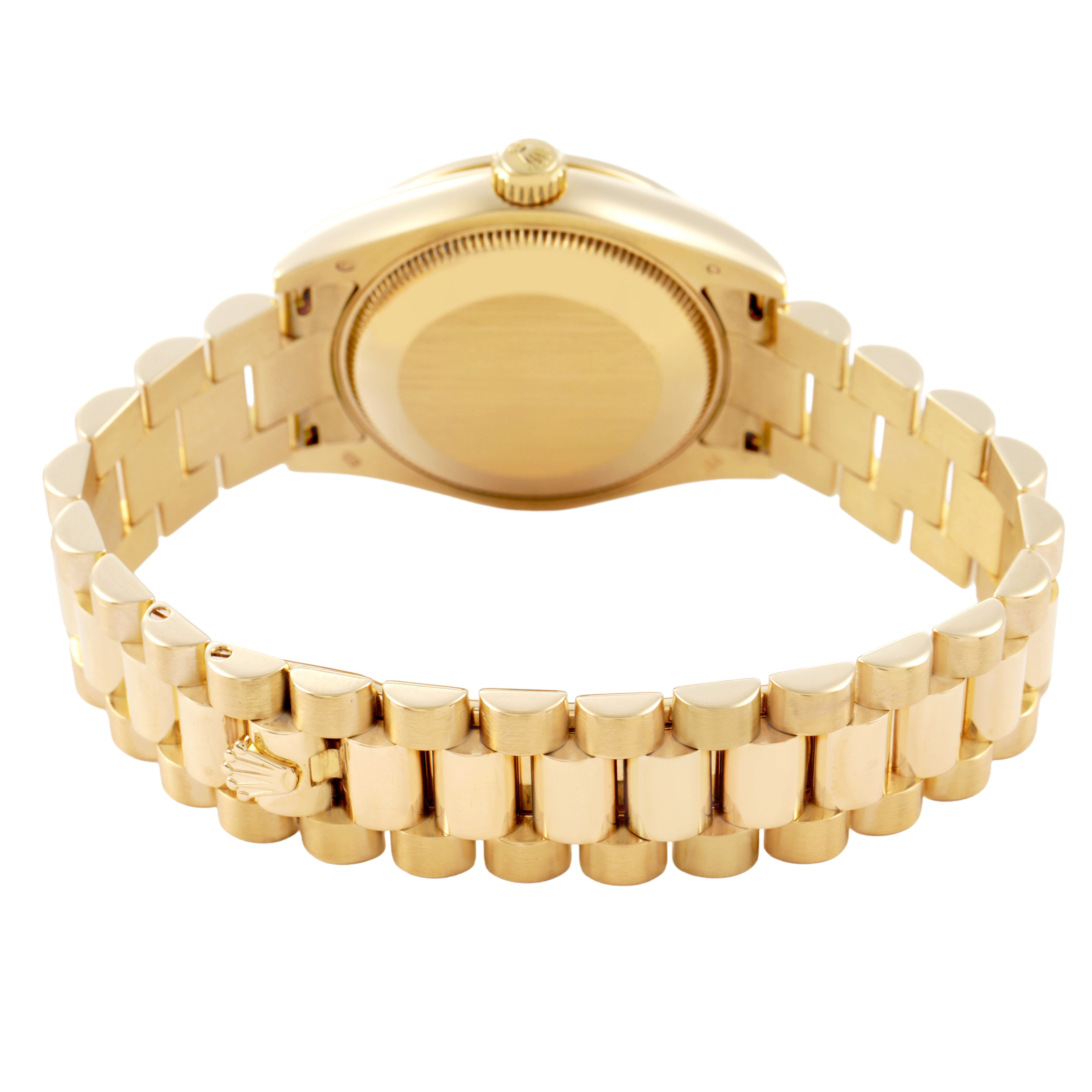 The image shows a rear view of the Rolex President 178288 Women's Yellow Gold Mother of Pearl Dial model watch, highlighting the gold bracelet, clasp, and case back.