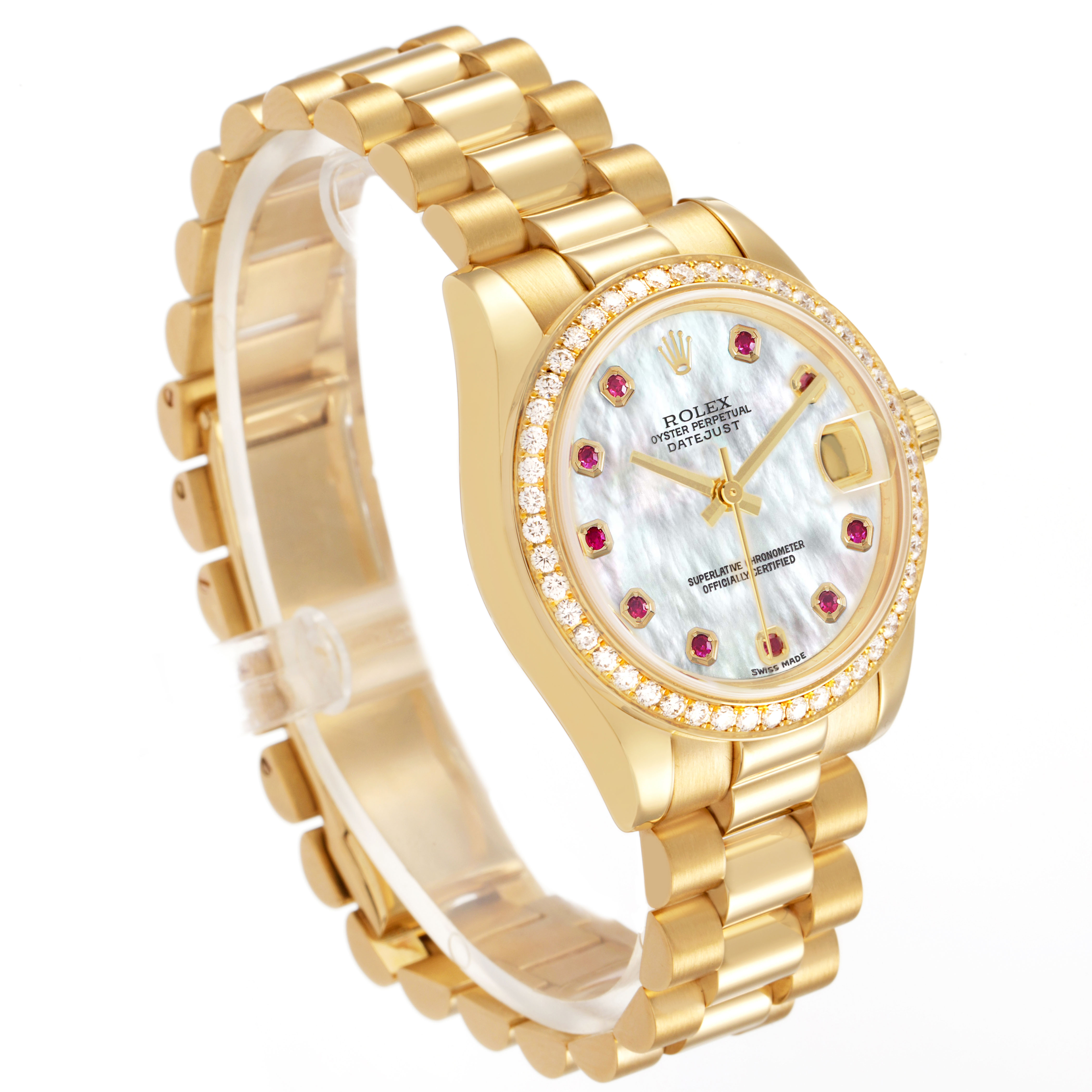 The Rolex President 178288 Women's Yellow Gold Mother of Pearl Dial watch is shown at a slight angle, highlighting its bracelet, bezel, and dial with gemstone hour markers.