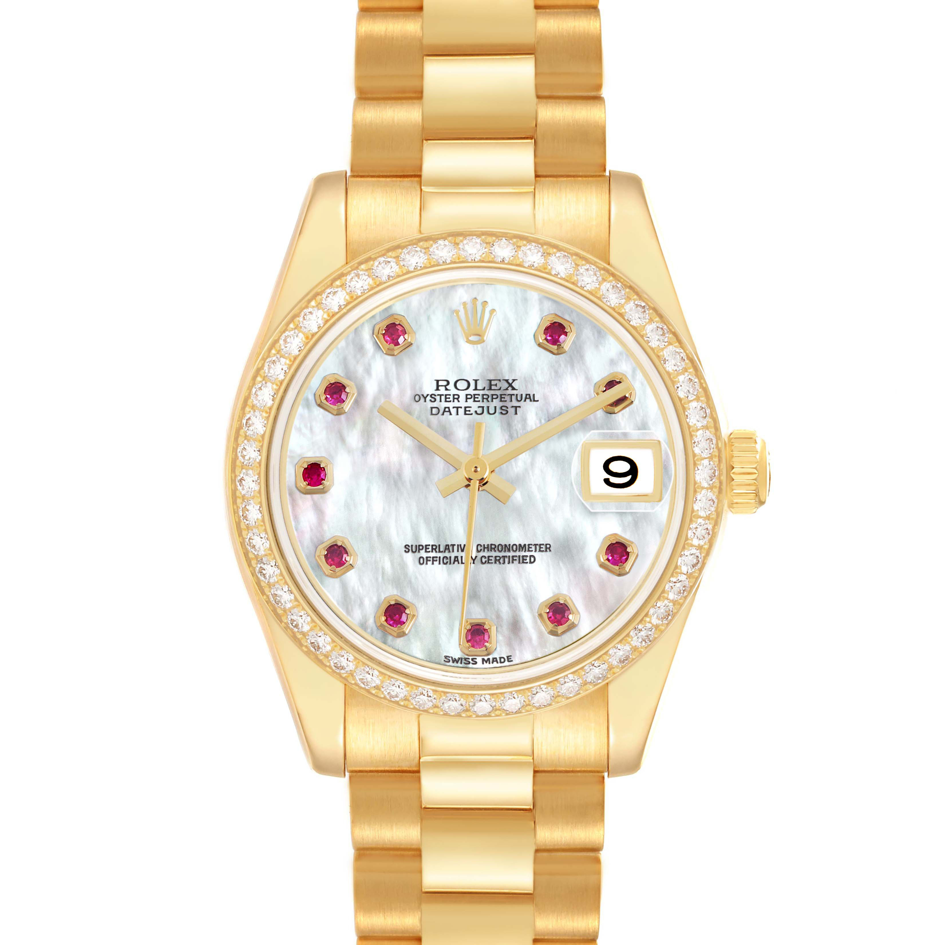 The Rolex President 178288 Women's Yellow Gold Mother of Pearl Dial model watch is shown from the front, highlighting its dial, diamond bezel, and bracelet.
