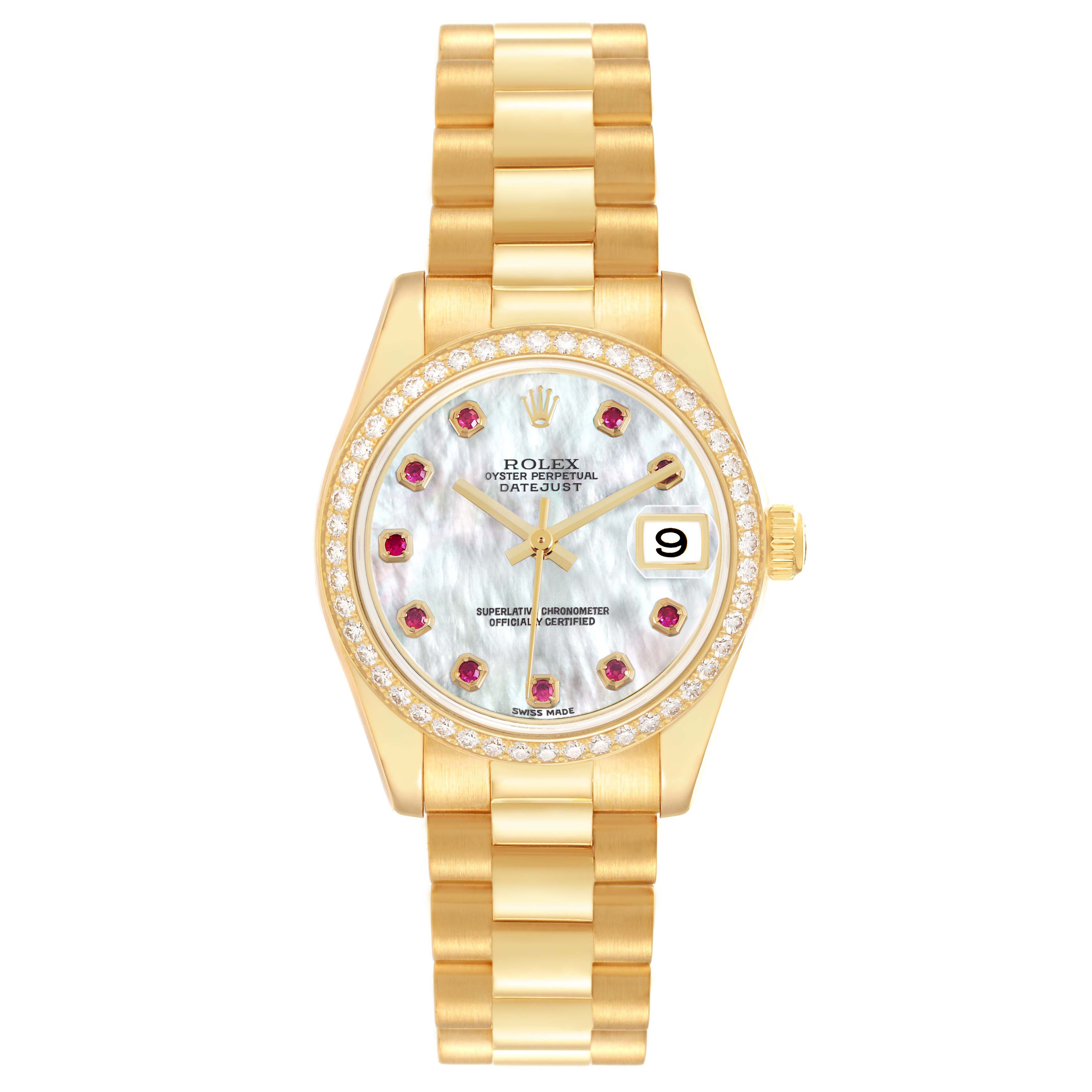 The Rolex President 178288 Women's Yellow Gold Mother of Pearl Dial model watch is shown from the front, displaying the face, bezel, and bracelet.