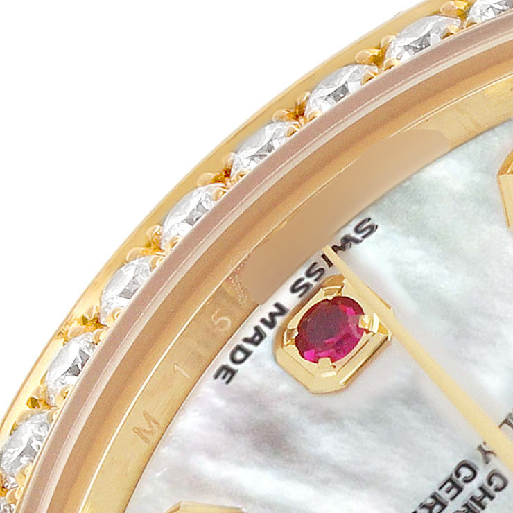 The image shows a close-up of a Rolex President 178288 Women's Yellow Gold Mother of Pearl Dial watch, highlighting the bezel with diamonds and parts of the dial.