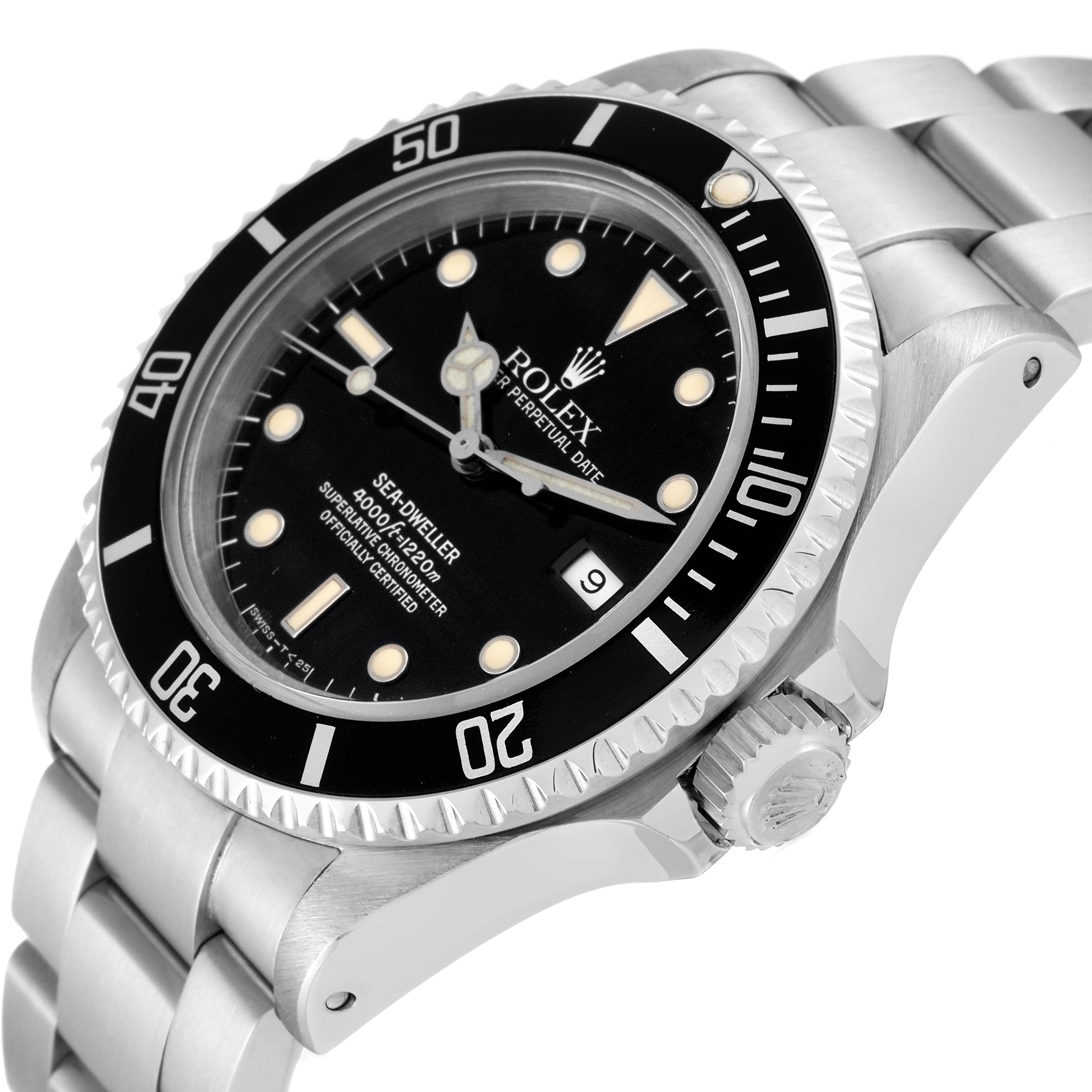 The image shows an angled side view of a Rolex Sea-Dweller 16600 Men's Stainless Steel Black Dial 16600 Men's Stainless Steel Black Dial watch, highlighting the bezel, crown, and bracelet.