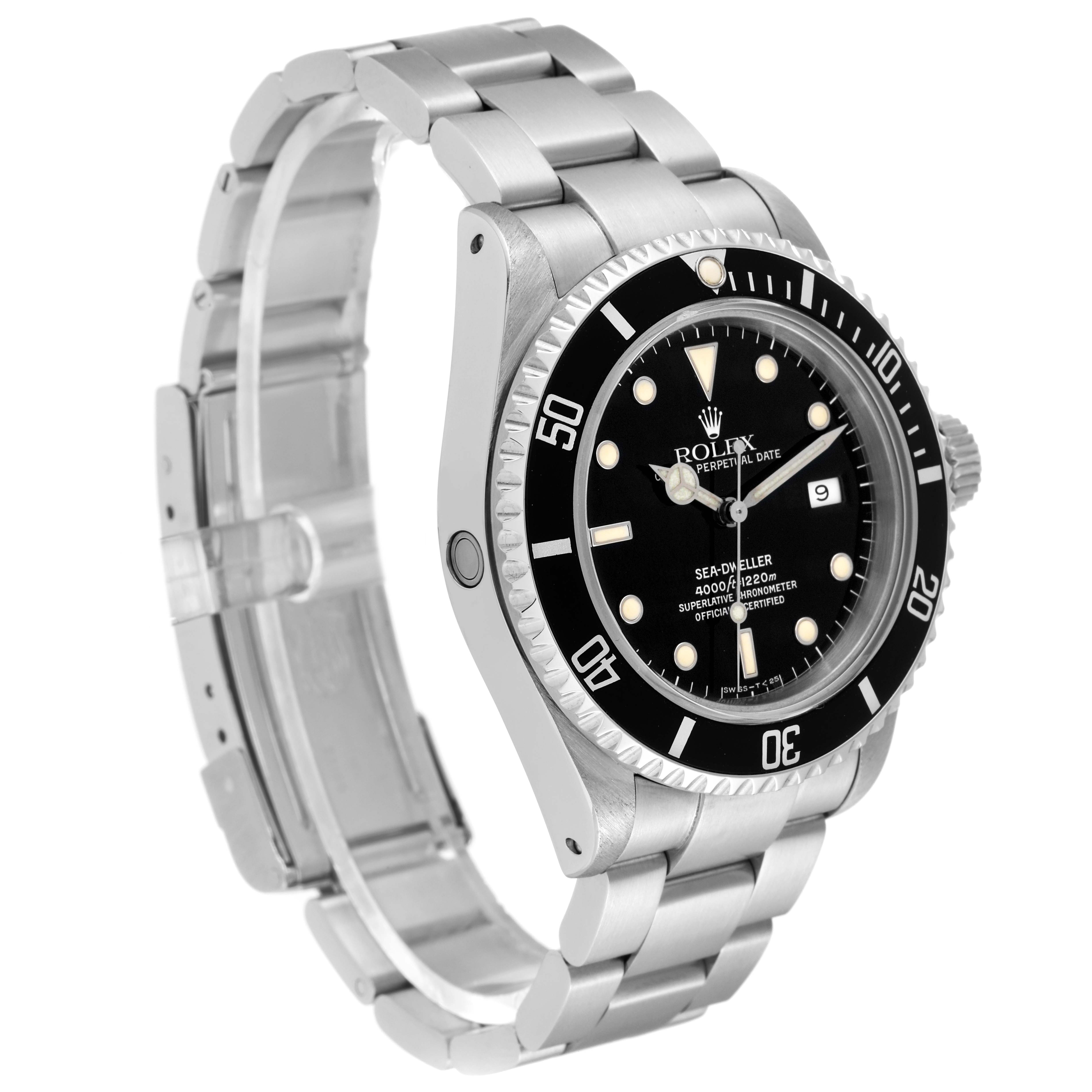 The Rolex Sea-Dweller 16600 Men's Stainless Steel Black Dial 16600 Men's Stainless Steel Black Dial watch is shown at a three-quarter angle, displaying its face, bezel, crown, and bracelet.