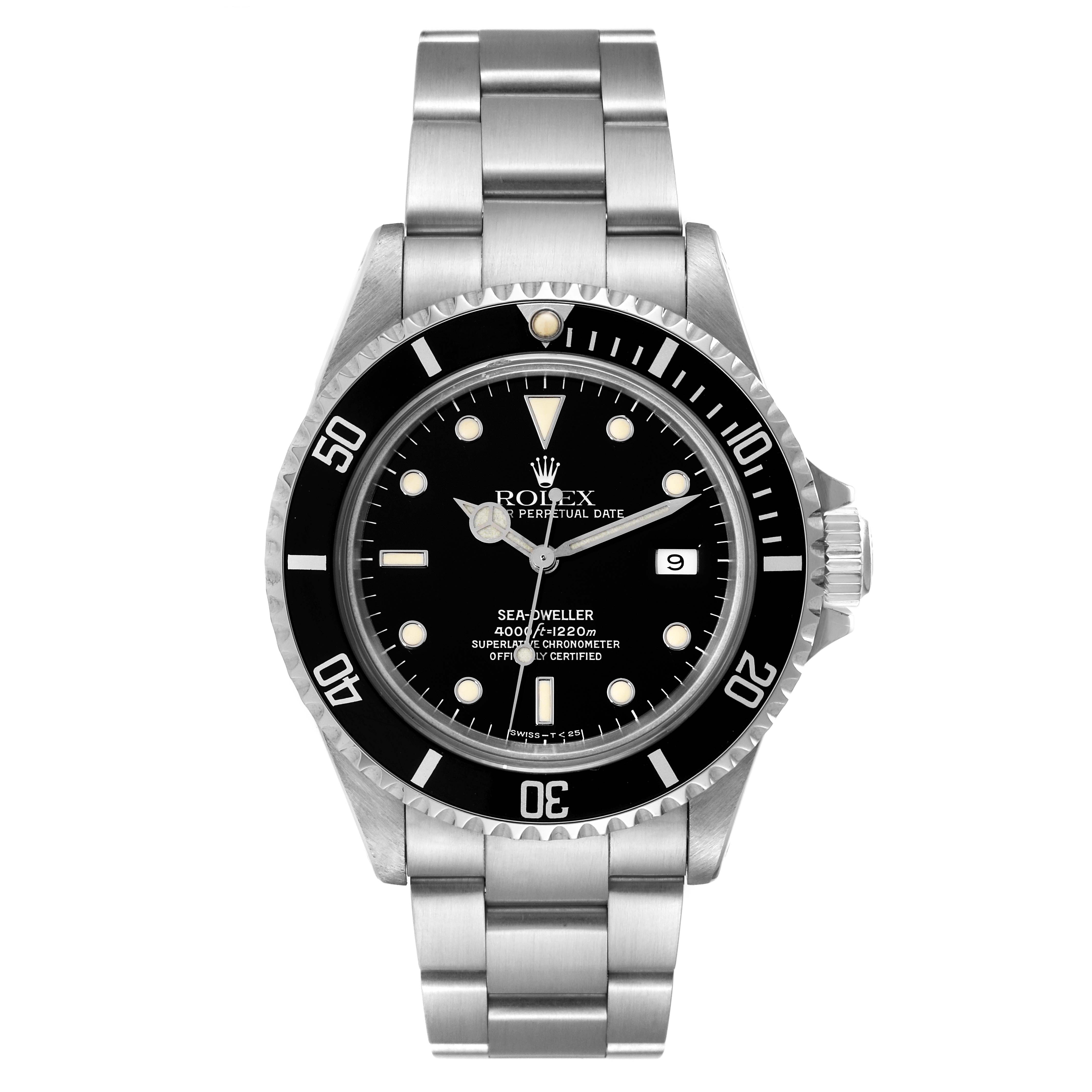 The image shows a front view of a Rolex Sea-Dweller 16600 Men's Stainless Steel Black Dial 16600 Men's Stainless Steel Black Dial watch, displaying its black dial, bezel, and stainless steel bracelet.