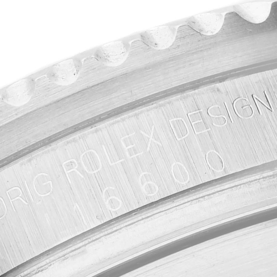 This image shows a close-up of the engraved case back of a Rolex Sea-Dweller 16600 Men's Stainless Steel Black Dial 16600 Men's Stainless Steel Black Dial watch, displaying the model number.