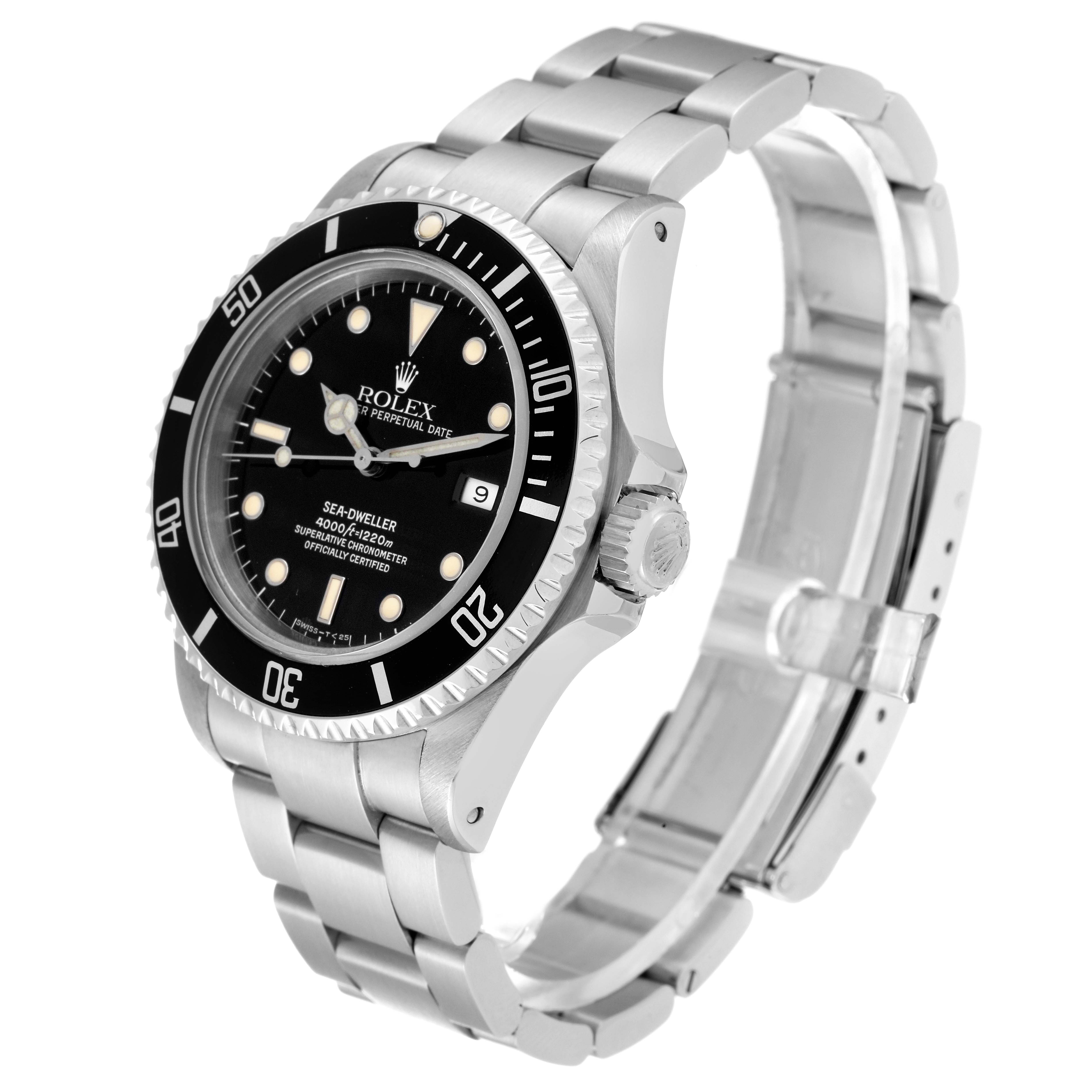 This image showcases a Rolex Sea-Dweller 16600 Men's Stainless Steel Black Dial 16600 Men's Stainless Steel Black Dial watch at an angle displaying its face, bezel, crown, and part of the metal bracelet.