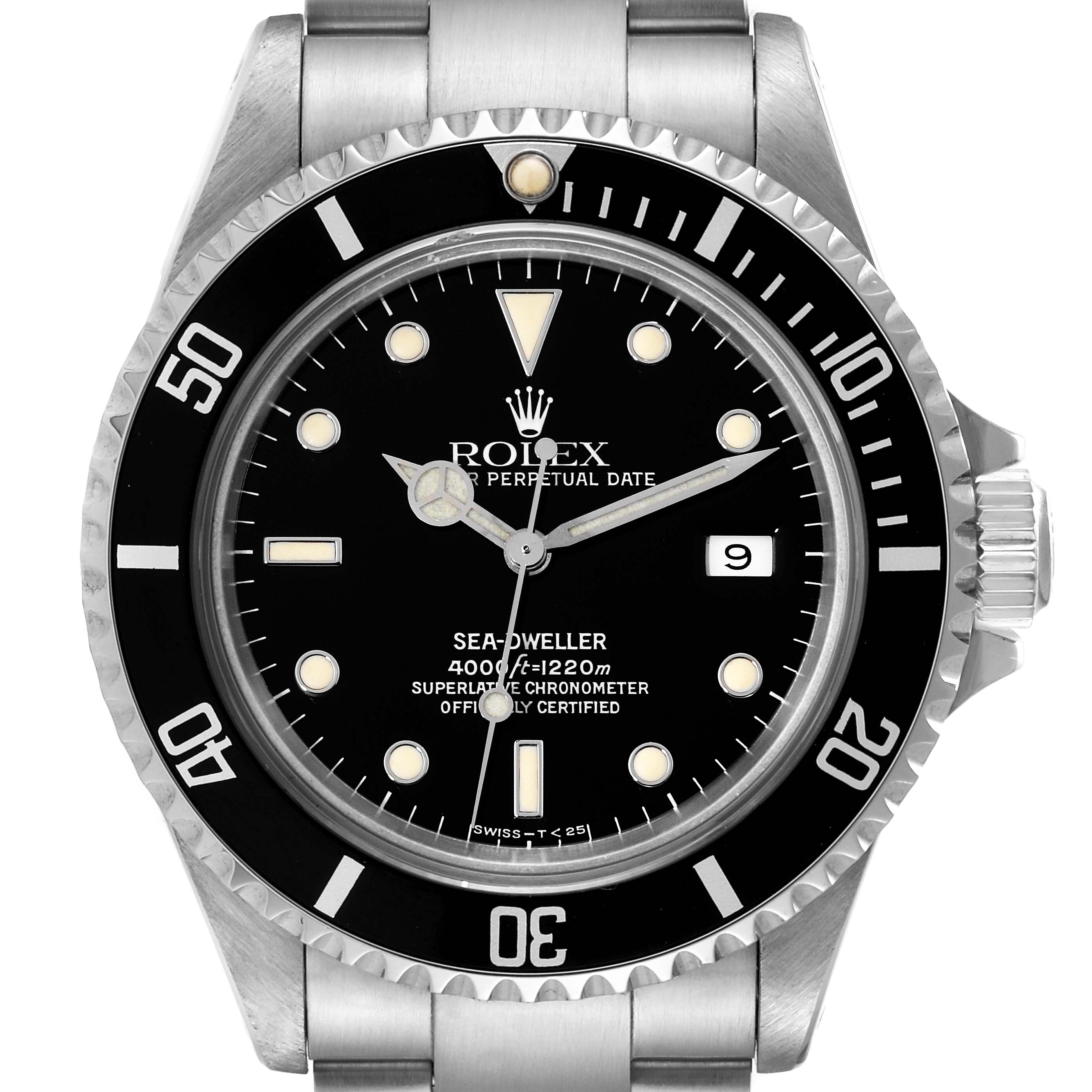 This is a front-facing view of a Rolex Sea-Dweller 16600 Men's Stainless Steel Black Dial 16600 Men's Stainless Steel Black Dial watch, showing the dial, bezel, crown, and part of the bracelet.