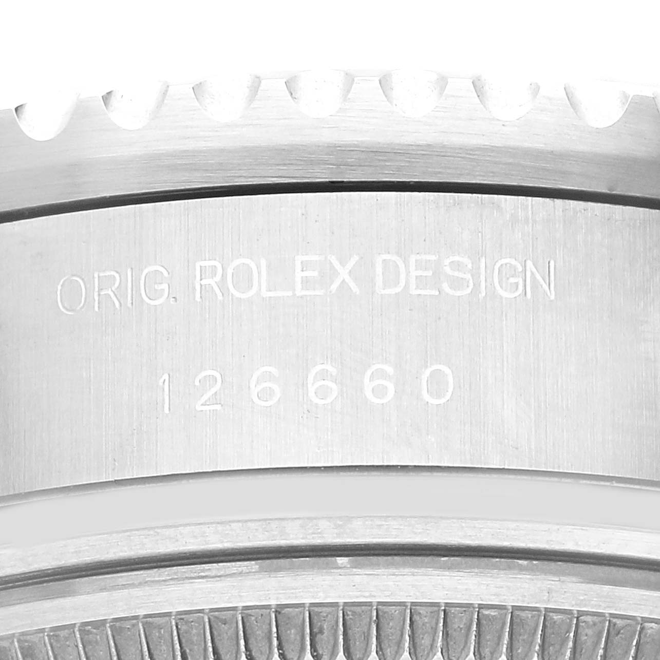 The image shows a close-up of the case side of a Rolex Sea-Dweller 126660 Men's Stainless Steel Blue Dial 126660 Men's Stainless Steel Blue Dial watch, featuring the model number 126660 and the inscription "ORIG. ROLEX DESIGN."