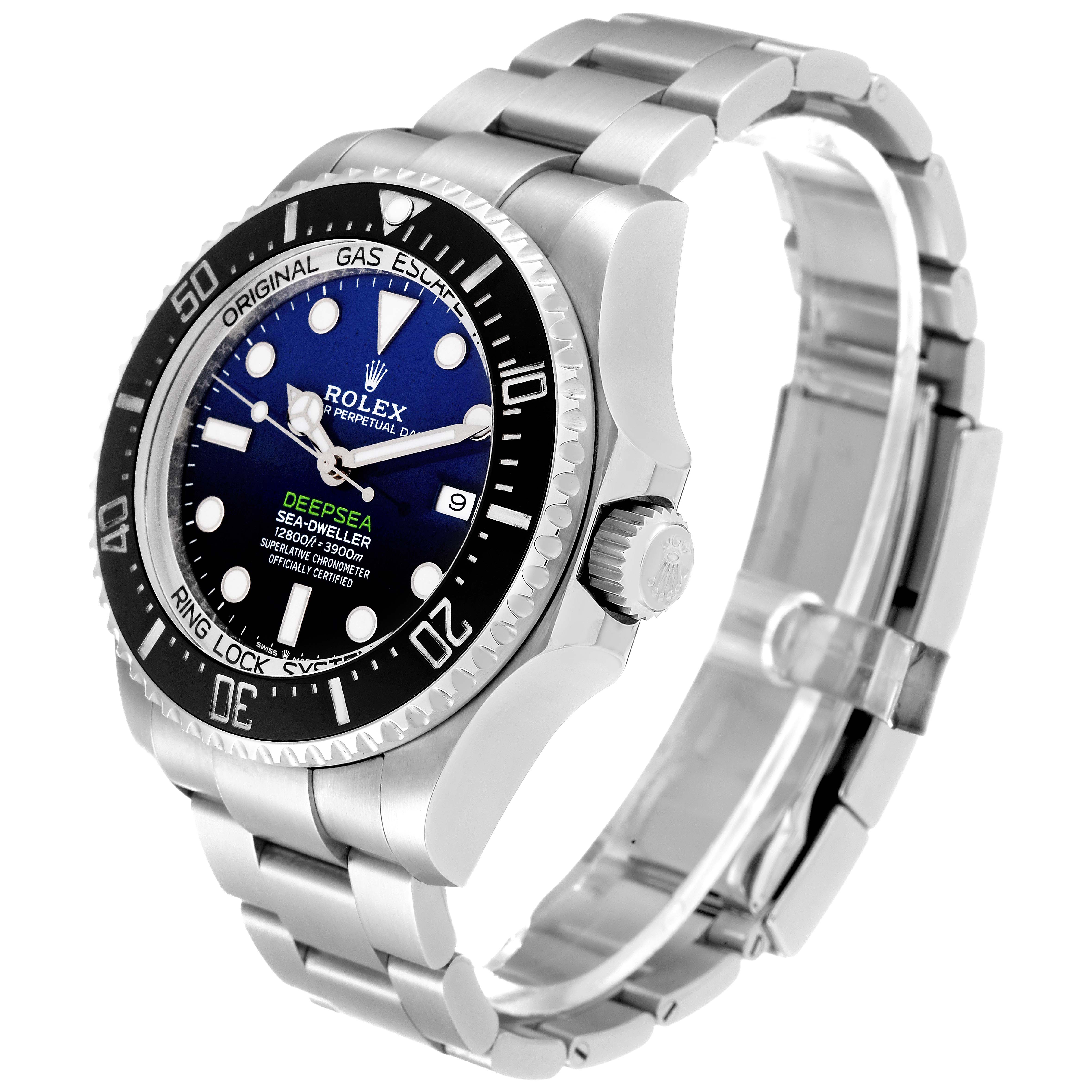 The Rolex Sea-Dweller 126660 Men's Stainless Steel Blue Dial 126660 Men's Stainless Steel Blue Dial watch is shown at an angle that highlights the face, bezel, crown, and part of the bracelet.