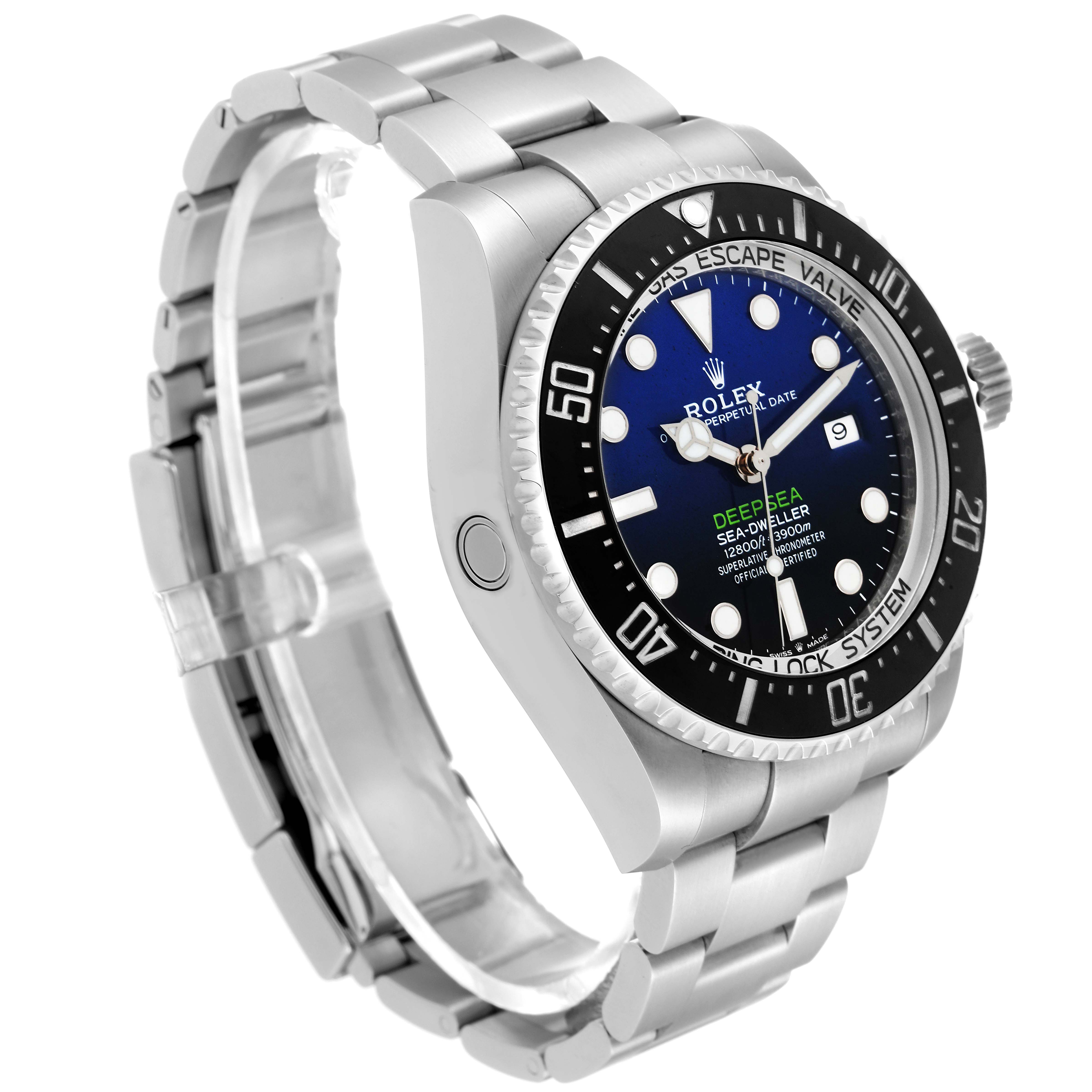 The image shows a side angle of the Rolex Sea-Dweller 126660 Men's Stainless Steel Blue Dial 126660 Men's Stainless Steel Blue Dial watch, displaying the face, bezel, crown, and part of the bracelet.
