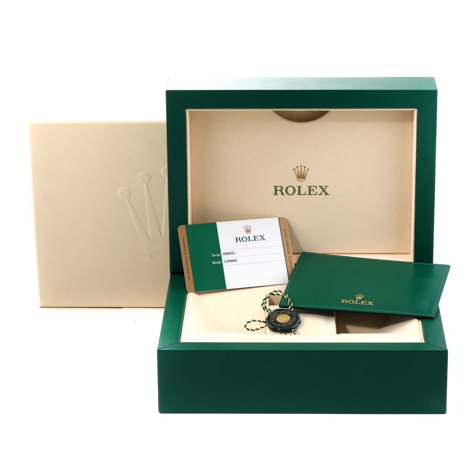 The image shows the open box, warranty card, and accessories for a Rolex Sea-Dweller 126660 Men's Stainless Steel Blue Dial 126660 Men's Stainless Steel Blue Dial watch.