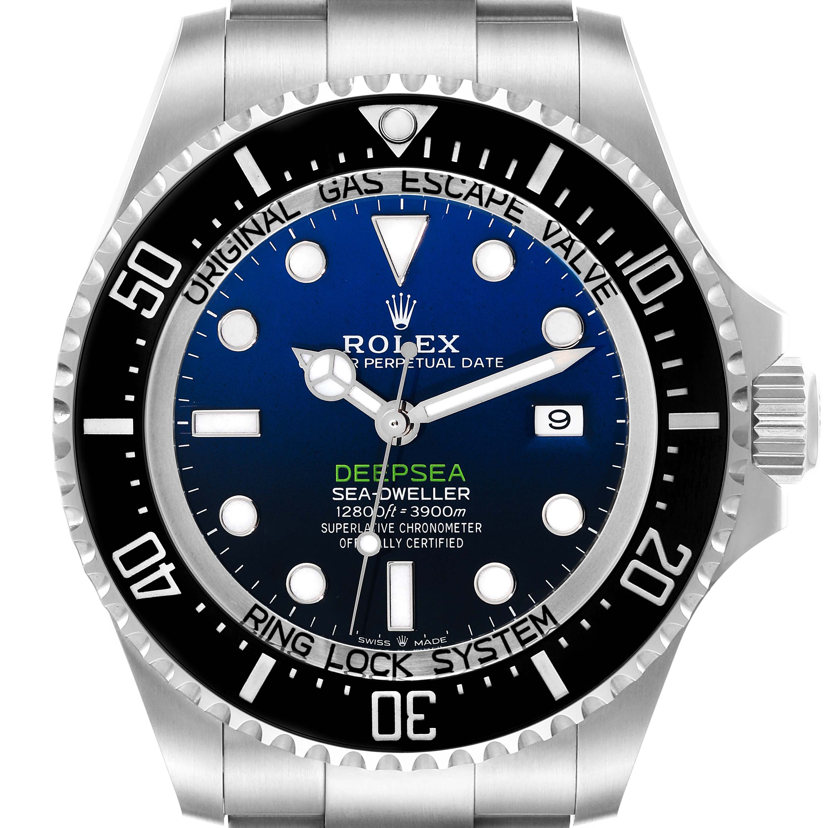 The image shows a front view of the Rolex Sea-Dweller 126660 Men's Stainless Steel Blue Dial 126660 Men's Stainless Steel Blue Dial Deepsea watch, displaying the dial, bezel, hour markers, and part of the bracelet.
