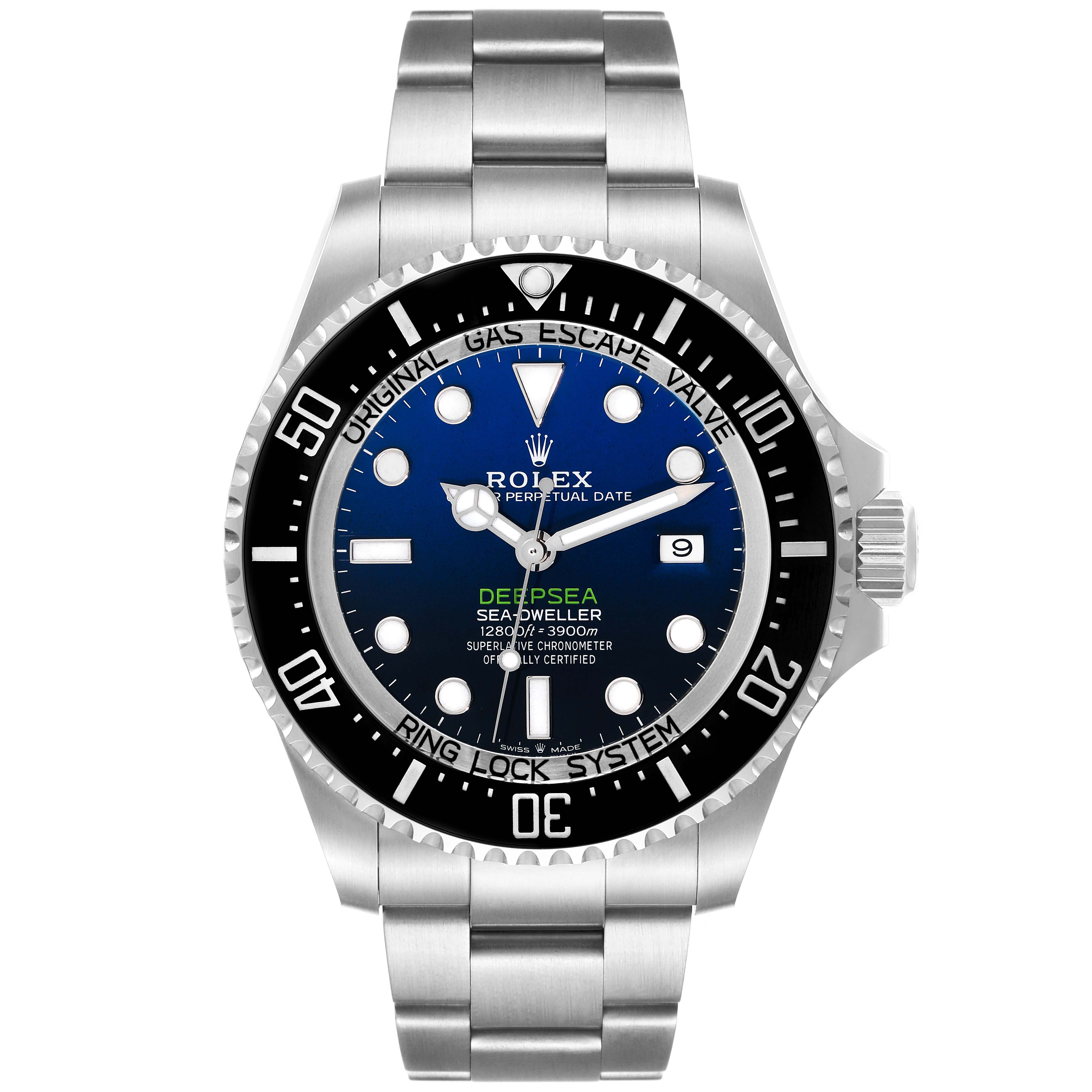 The Rolex Sea-Dweller 126660 Men's Stainless Steel Blue Dial 126660 Men's Stainless Steel Blue Dial watch is shown from a front angle, displaying its face, bezel, and stainless steel bracelet.