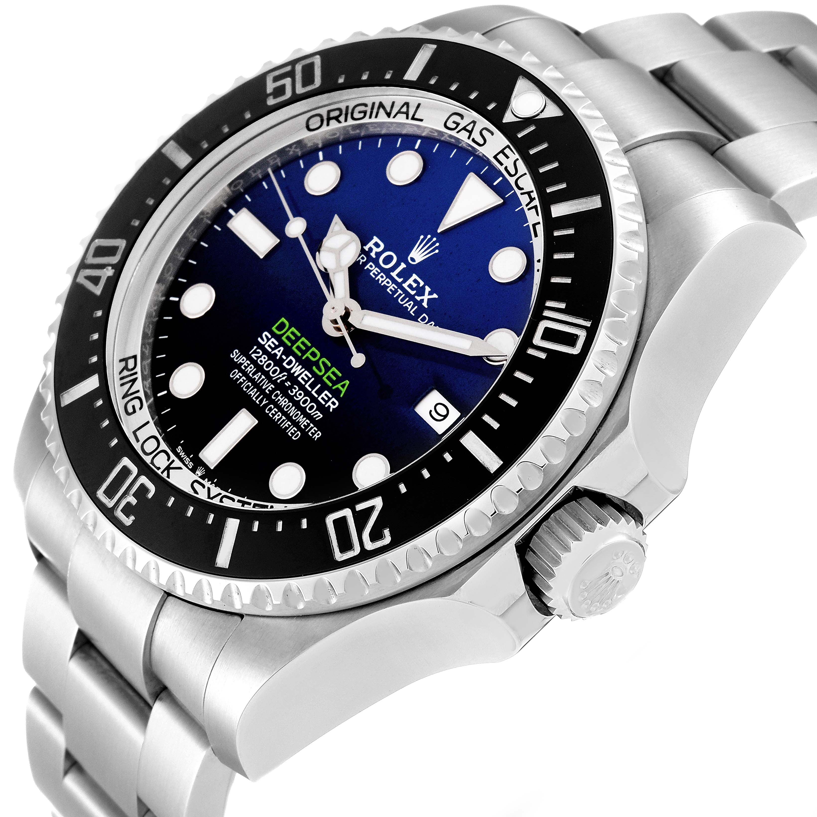The image shows a Rolex Sea-Dweller 126660 Men's Stainless Steel Blue Dial 126660 Men's Stainless Steel Blue Dial watch at a tilted angle, highlighting the bezel, dial, crown, and part of the bracelet.