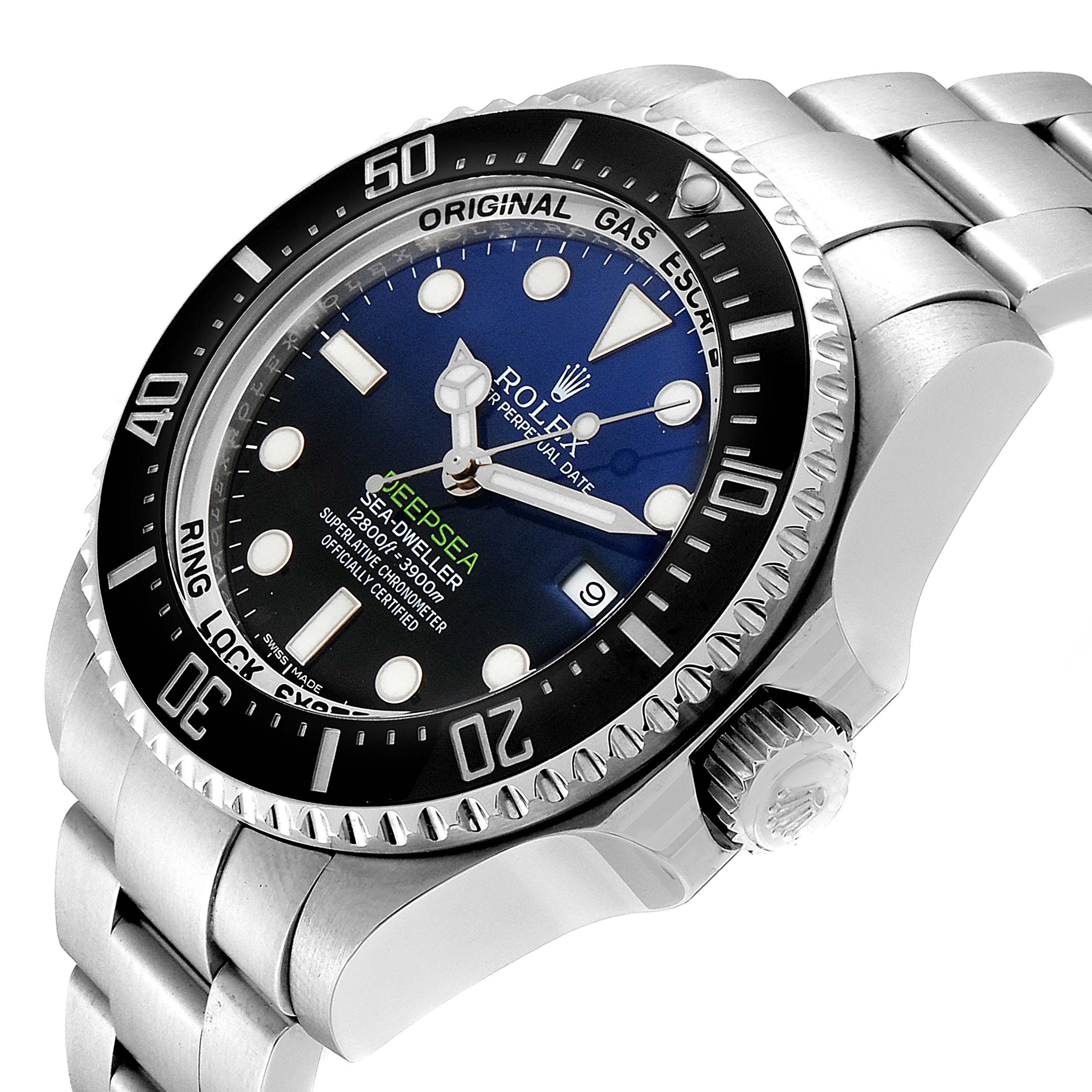 The Rolex Sea-Dweller 116660 Men's Stainless Steel Blue Dial 116660 Men's Stainless Steel Blue Dial watch is shown at an angle highlighting the face, bezel, crown, and part of the metal band.