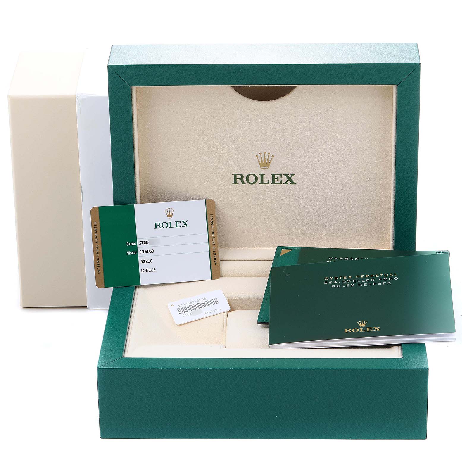 The image shows the box, warranty card, and booklet for a Rolex Sea-Dweller 116660 Men's Stainless Steel Blue Dial 116660 Men's Stainless Steel Blue Dial watch.