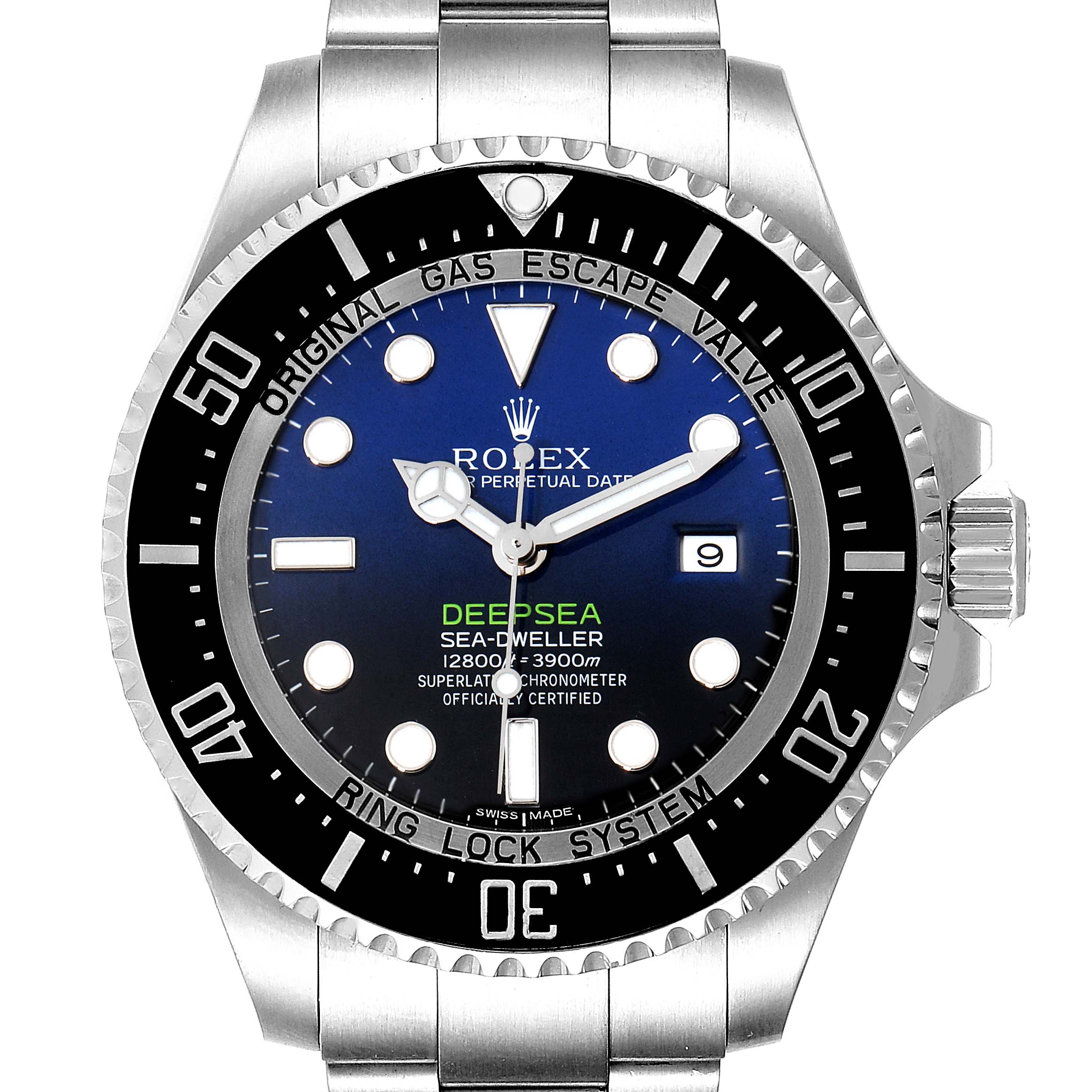 This image shows a front view of a Rolex Sea-Dweller 116660 Men's Stainless Steel Blue Dial 116660 Men's Stainless Steel Blue Dial Deepsea watch, highlighting the dial, bezel, and bracelet.