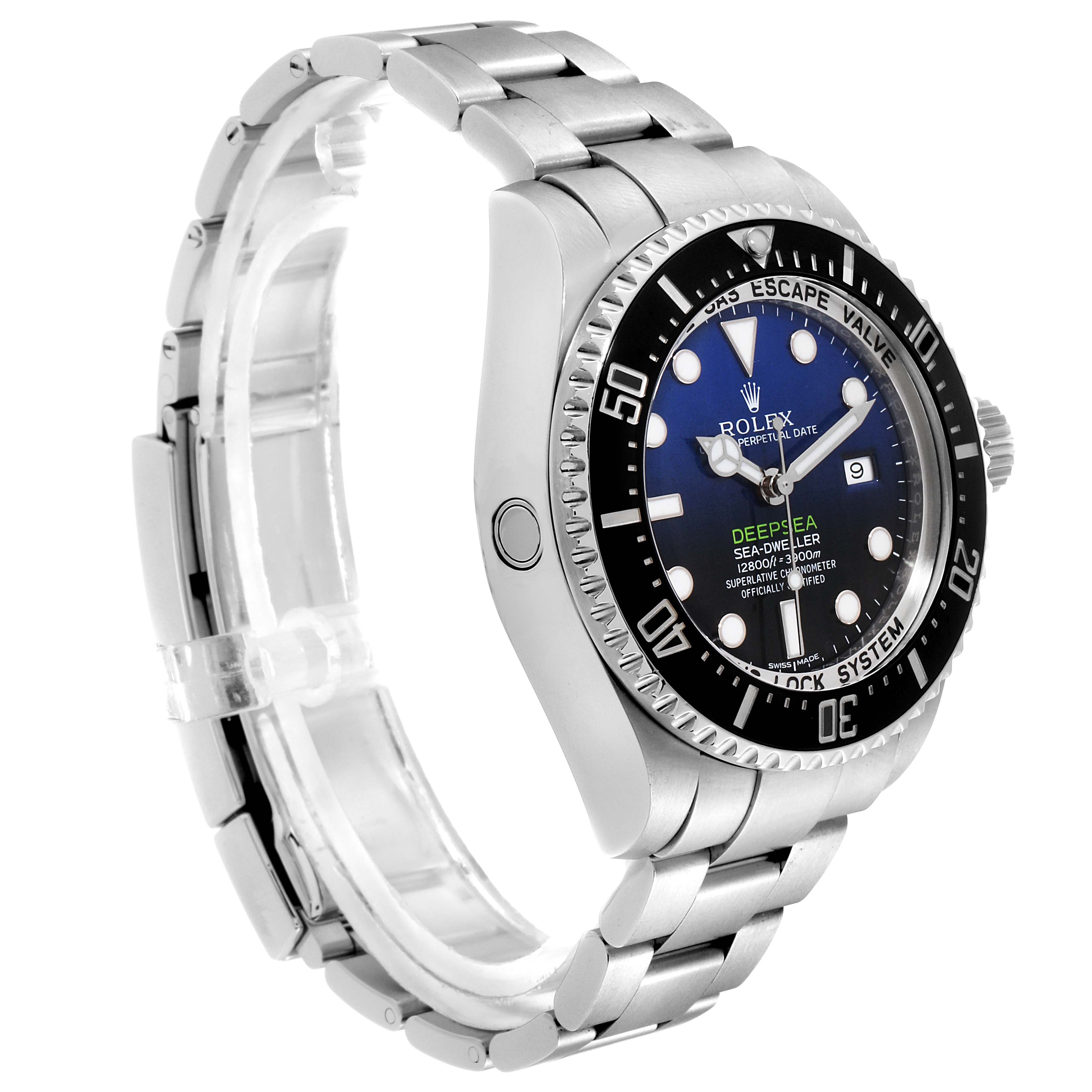 The image shows a side angle of the Rolex Sea-Dweller 116660 Men's Stainless Steel Blue Dial 116660 Men's Stainless Steel Blue Dial watch, highlighting its bracelet, crown, and face.