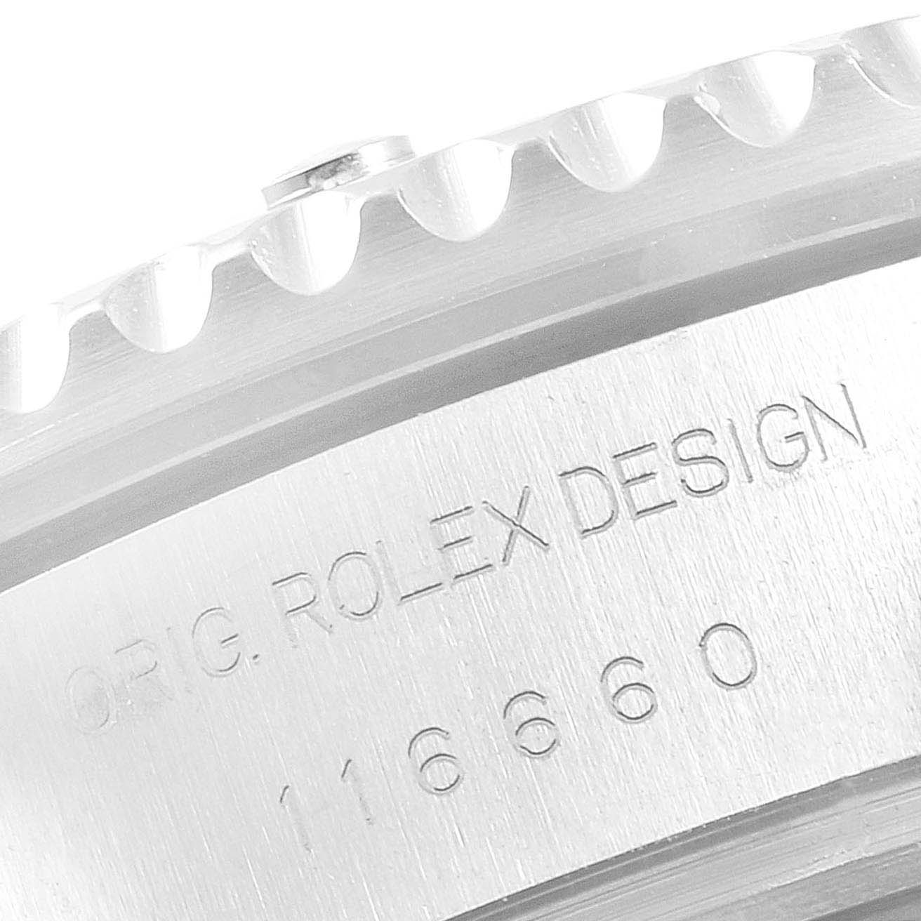 The image shows a close-up of the engraved side of a Rolex Sea-Dweller 116660 Men's Stainless Steel Blue Dial 116660 Men's Stainless Steel Blue Dial watch bezel and case with the model number 116660.