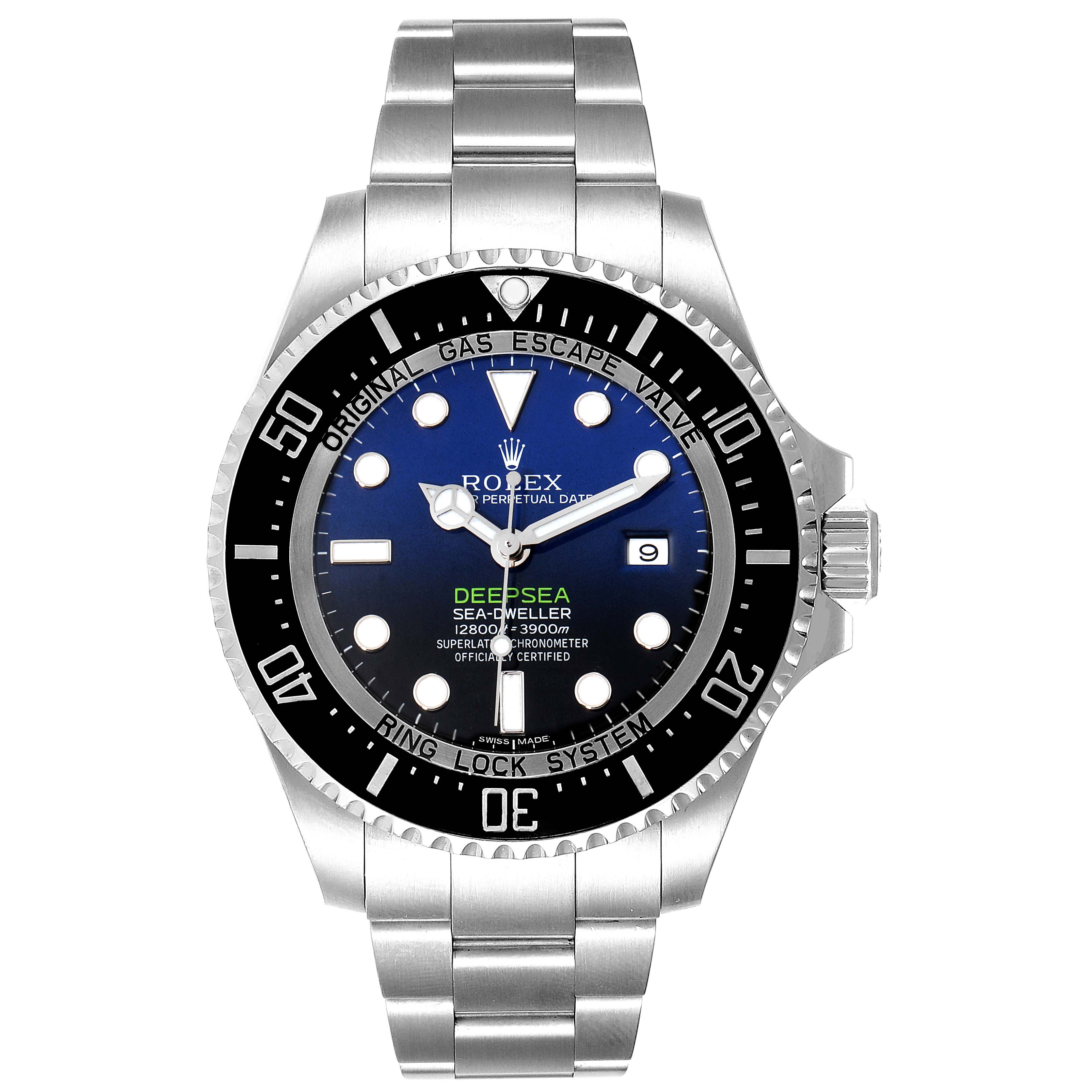 The image shows a straight-on view of the Rolex Sea-Dweller 116660 Men's Stainless Steel Blue Dial 116660 Men's Stainless Steel Blue Dial watch, displaying the face, bezel, and bracelet.