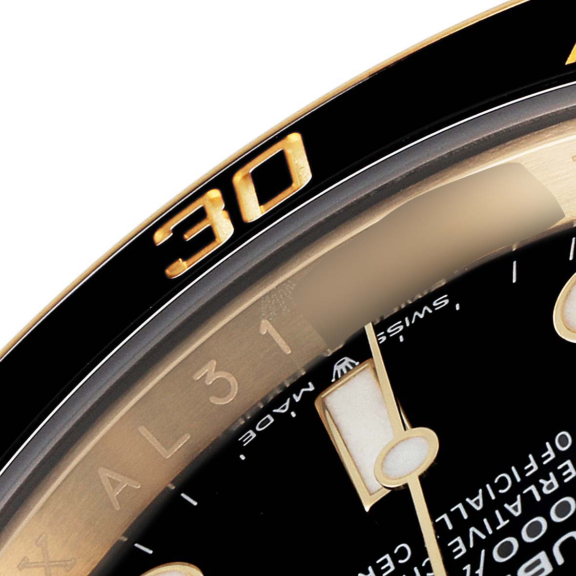 The image shows a close-up of the bezel and dial of a Rolex Submariner 126618 Men's Yellow Gold Black Dial 126618 Men's Yellow Gold Black Dial watch, highlighting the "30" marker.