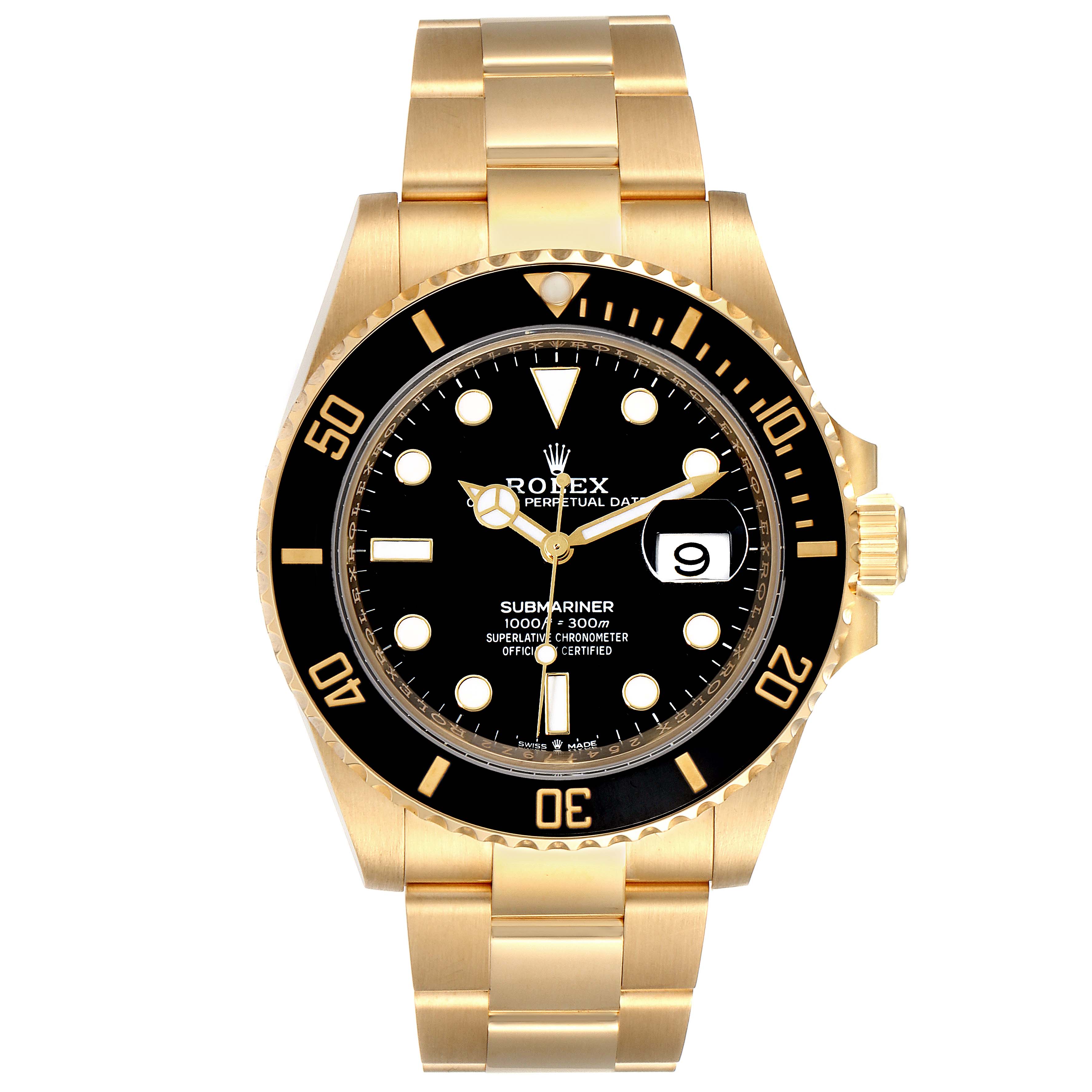 The image shows a front view of the Rolex Submariner 126618 Men's Yellow Gold Black Dial 126618 Men's Yellow Gold Black Dial watch, highlighting its black dial, gold case, bracelet, and date display.