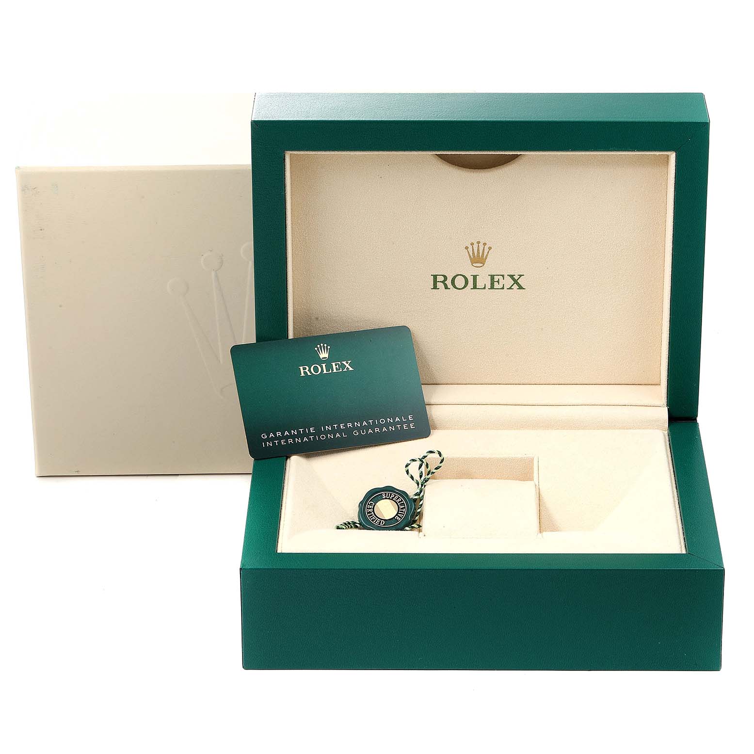 This image shows the packaging and accessories for a Rolex Submariner 126618 Men's Yellow Gold Black Dial 126618 Men's Yellow Gold Black Dial, including the box, international guarantee card, and tag.