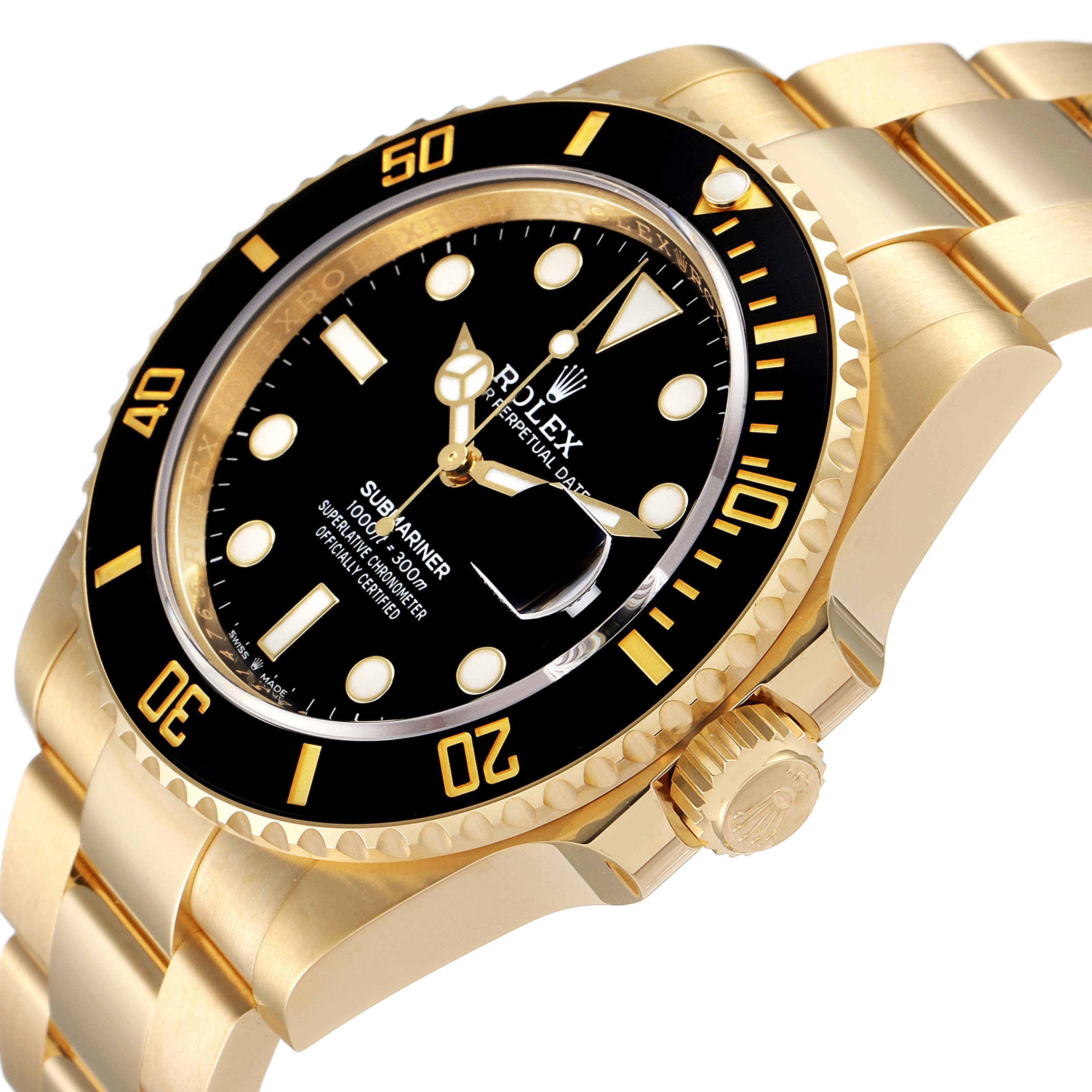 This image shows a close-up side angle of the Rolex Submariner 126618 Men's Yellow Gold Black Dial 126618 Men's Yellow Gold Black Dial, highlighting the black bezel, dial, and gold case and bracelet.